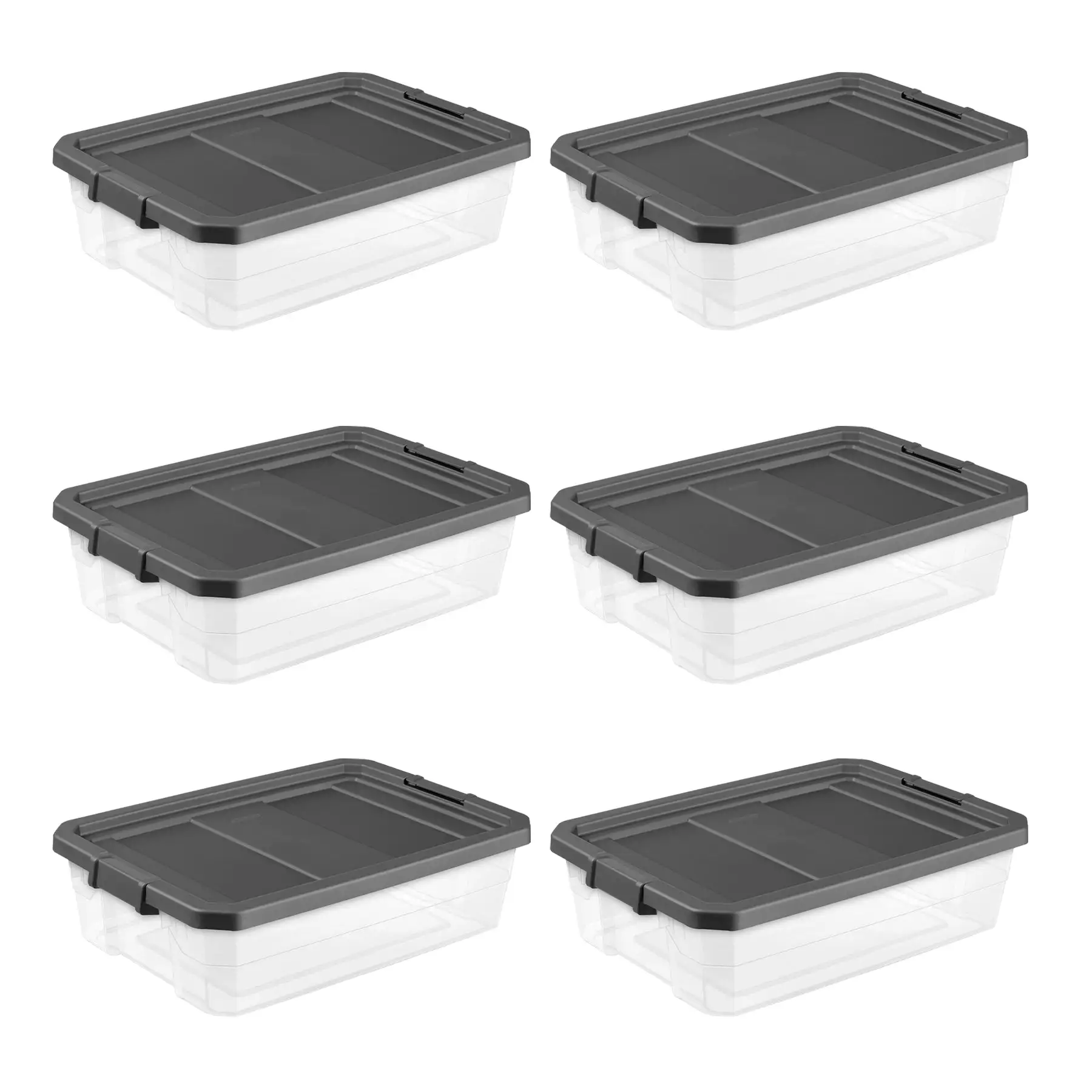 Sterilite 40 Quart Plastic Under Bed Storage Bin Tote & Latch Lid, 6 Pack, Gray