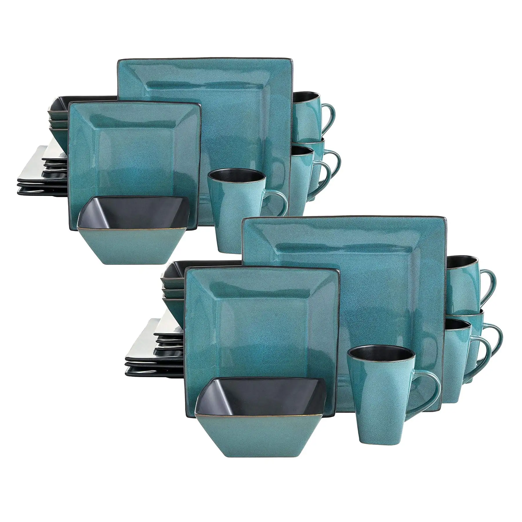 Gibson Elite Kiesling 16 Pc Plates, Bowls, & Mugs Dinner Set, Turquoise (2 Pack)