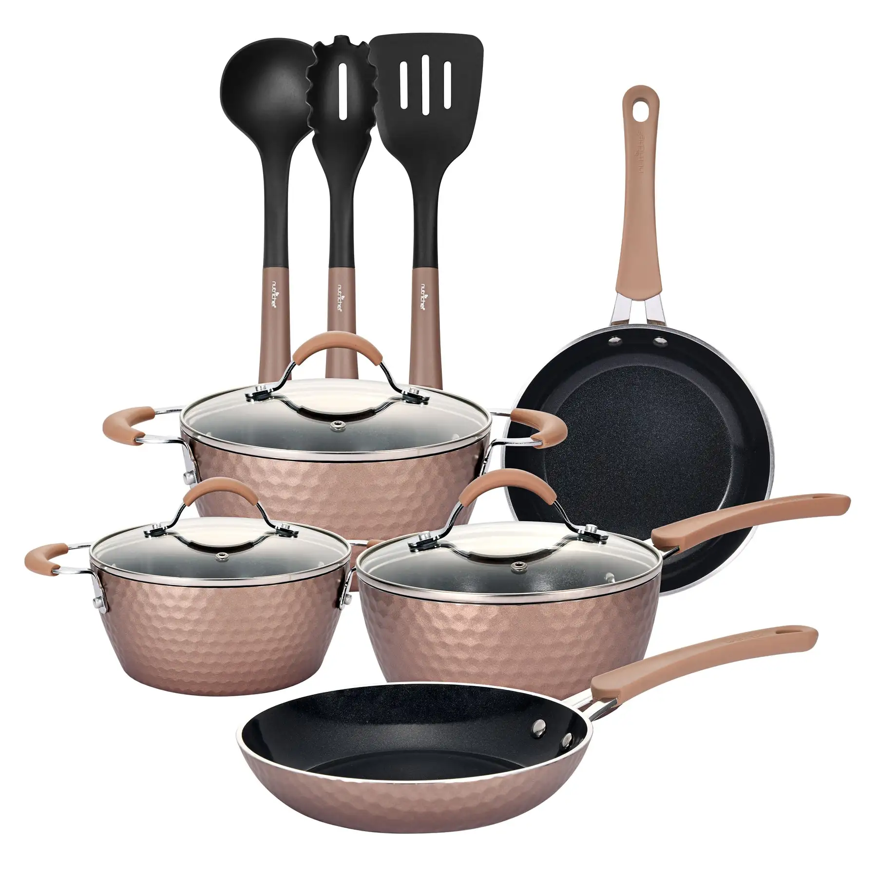 NutriChef 11 Piece Nonstick Diamond Pattern Kitchen Cookware Set, Allura Bronze