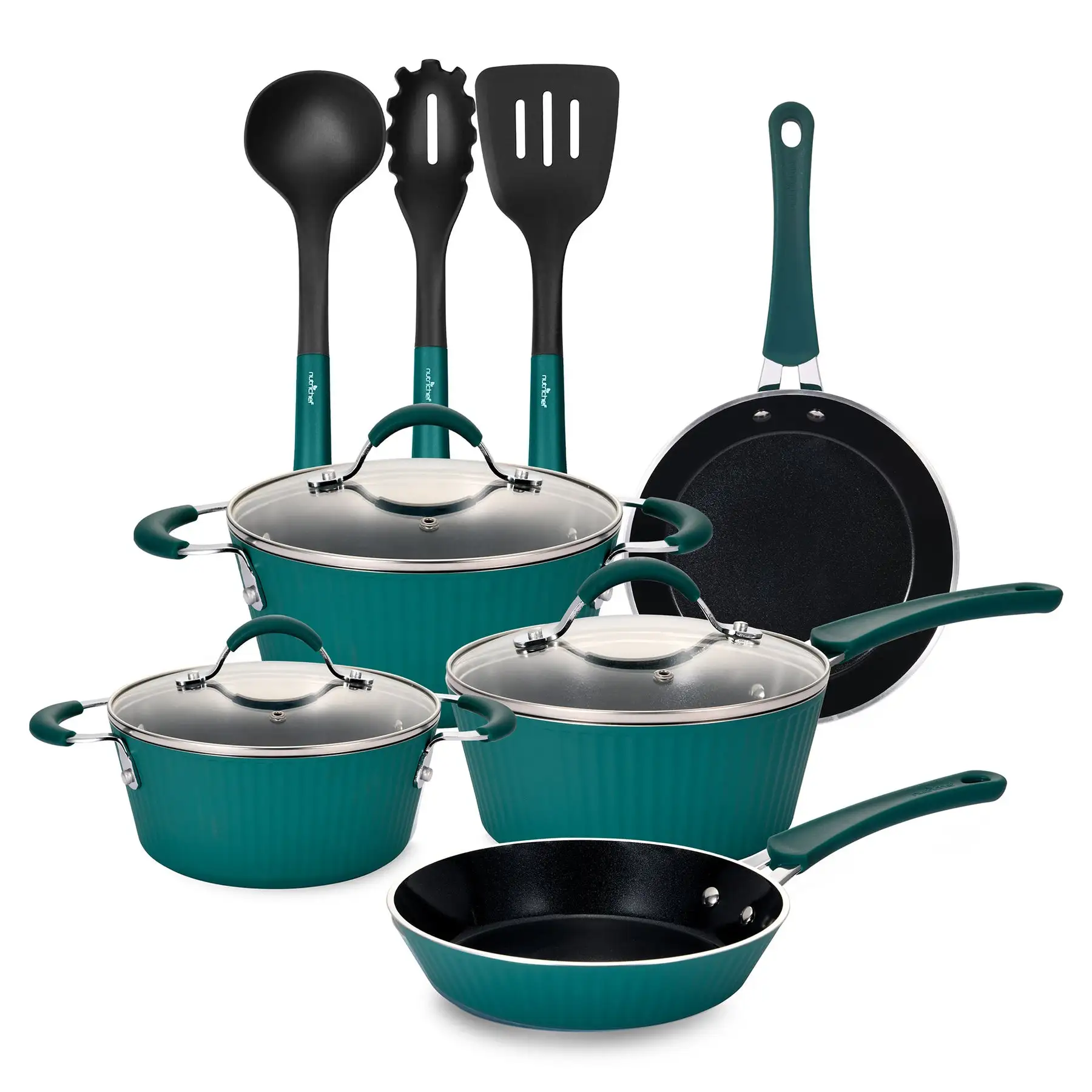 NutriChef 11 Piece Nonstick Elegant Lines Pattern Kitchen Cookware Set, Teal