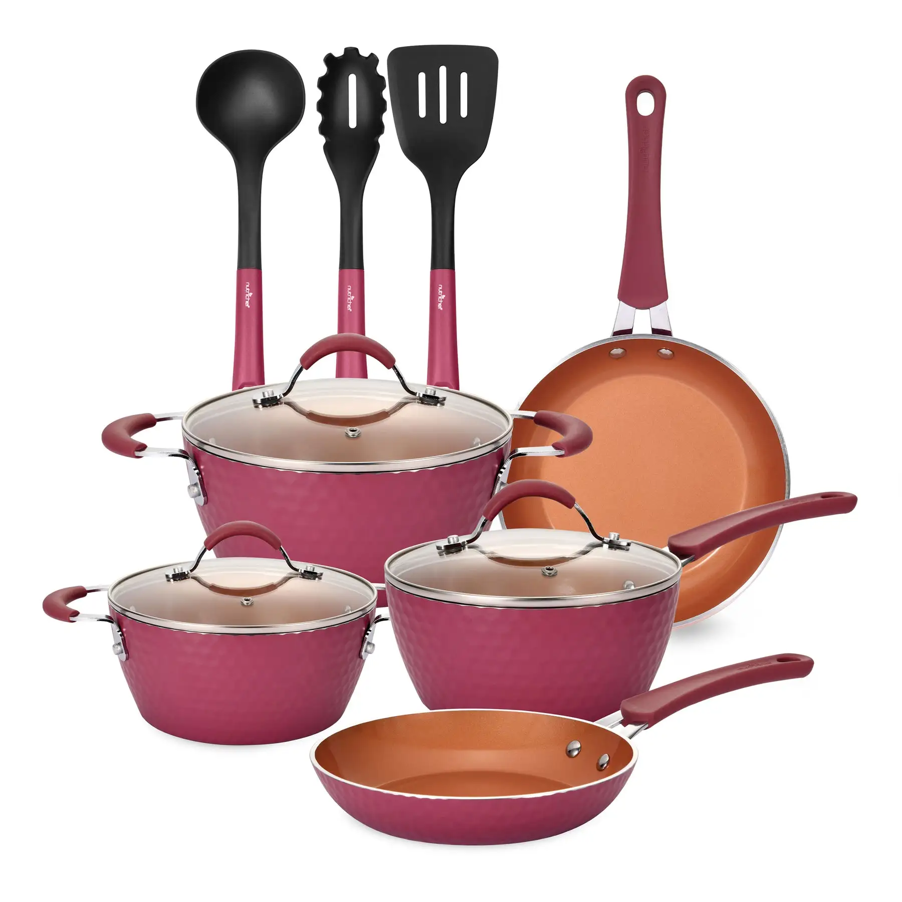 11 Piece Nonstick Elegant Diamond Pattern Kitchen Cookware Set, Pink