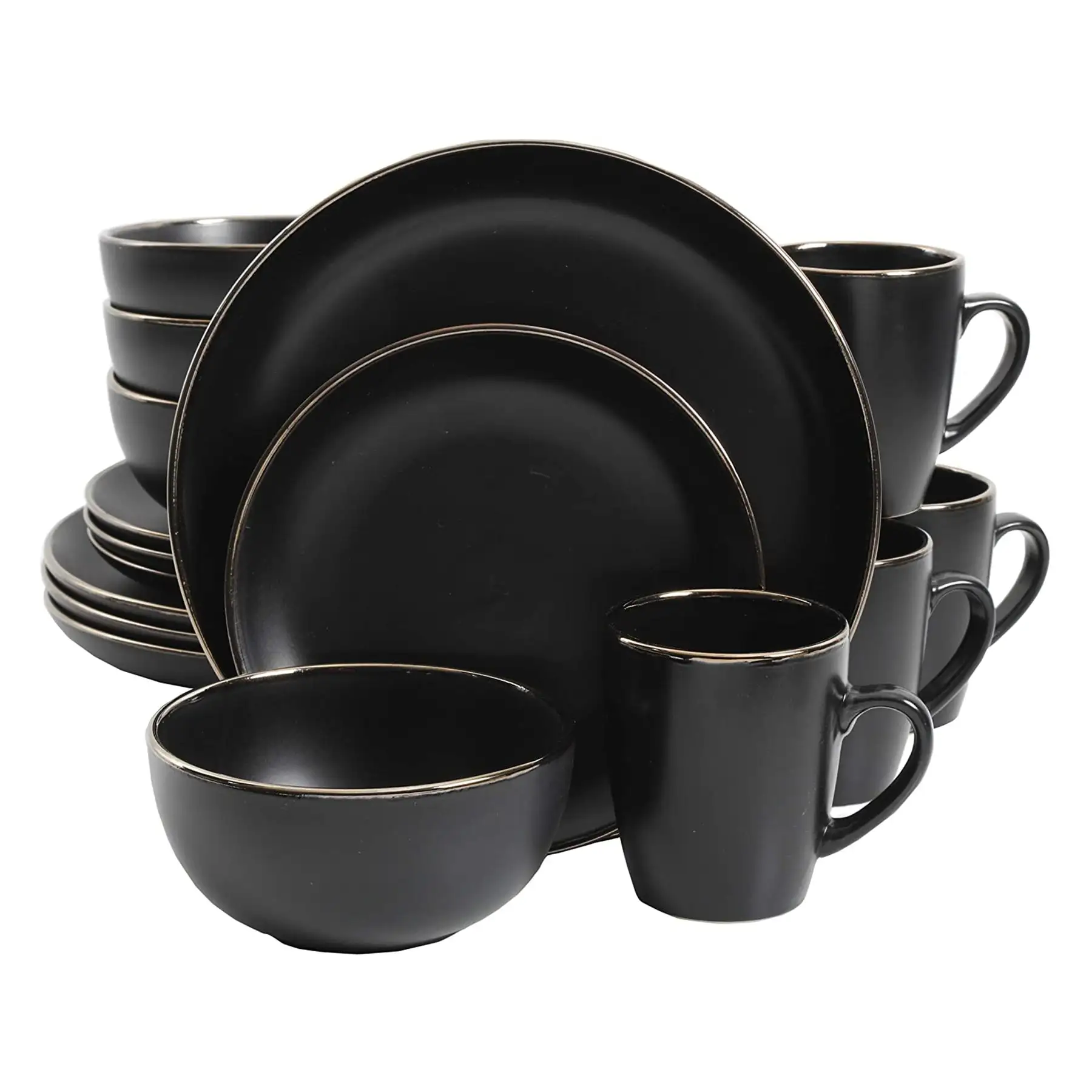 Gibson Home Rockaway Round Stoneware Dinnerware, Set of 16, Black with Gold Rim