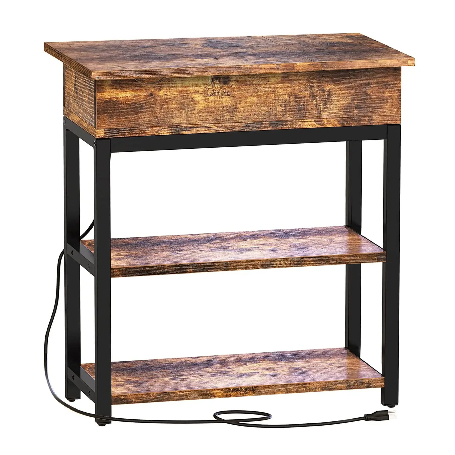 FABATO Side Table with Charging Station and Flip Top Shelving, Rustic Brown