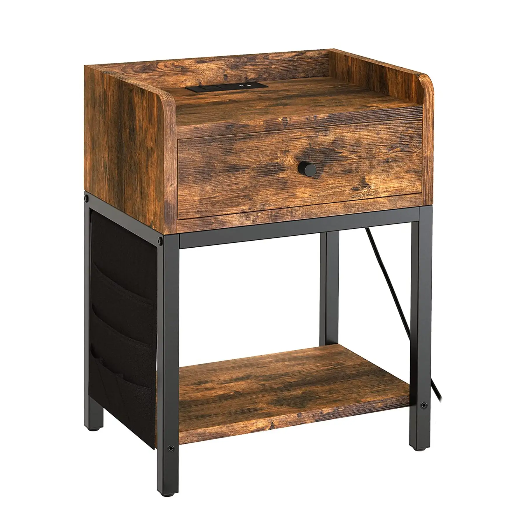 FABATO End Table and Nightstand with Charging Station and Drawer, Rustic Brown