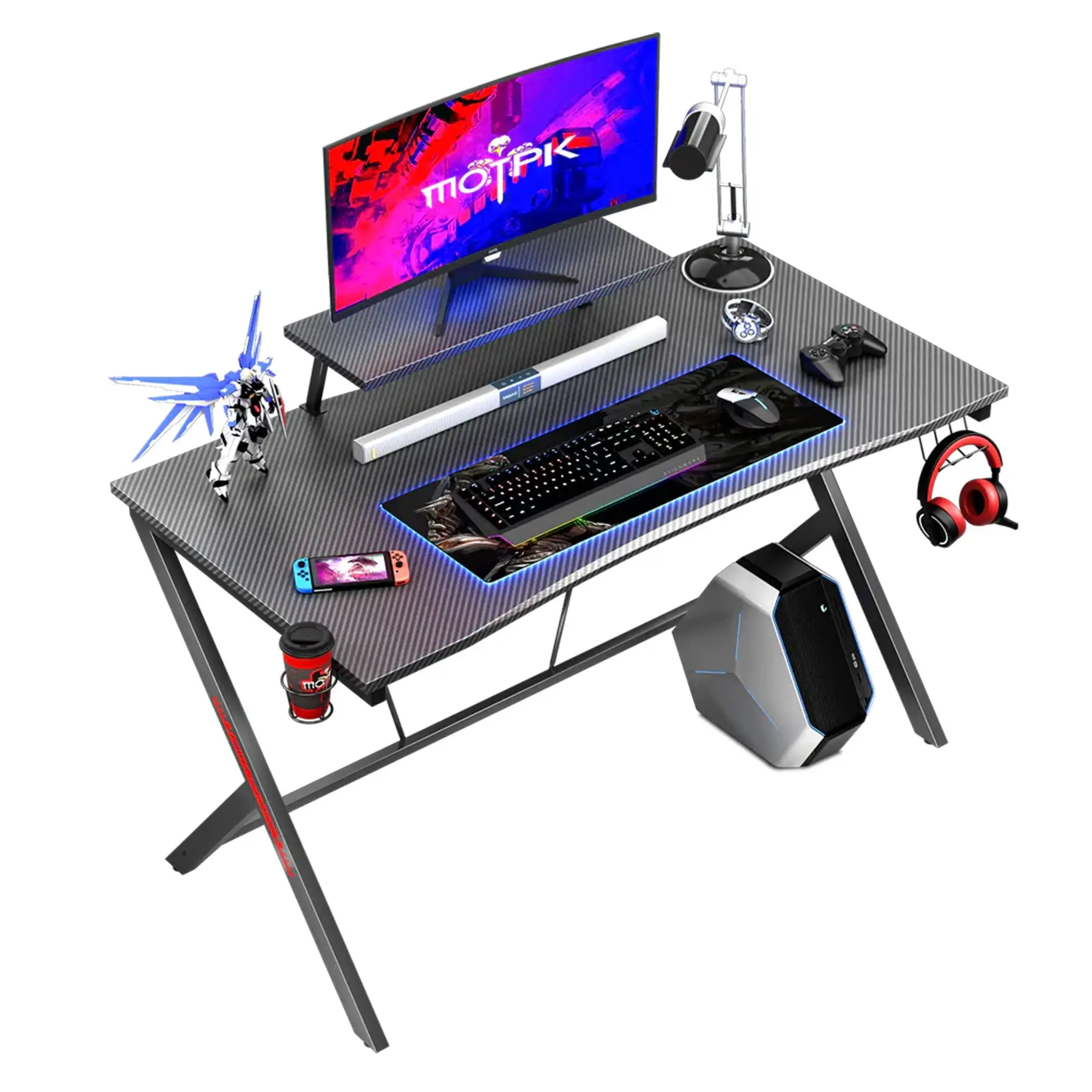 MOTPK 45 Inch Carbon Fiber Computer Gaming Desk with Raised Monitor Shelf, Black