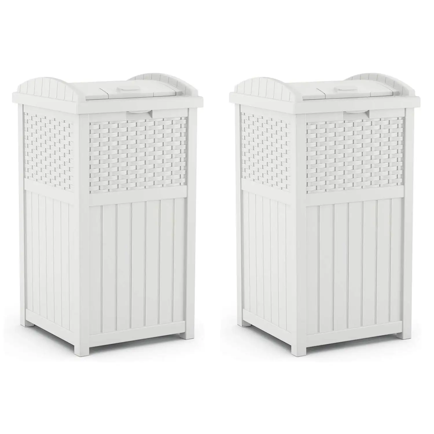 Suncast Wicker Resin Outdoor Hideaway Trash Can Bin with Latching Lid (2 Pack)