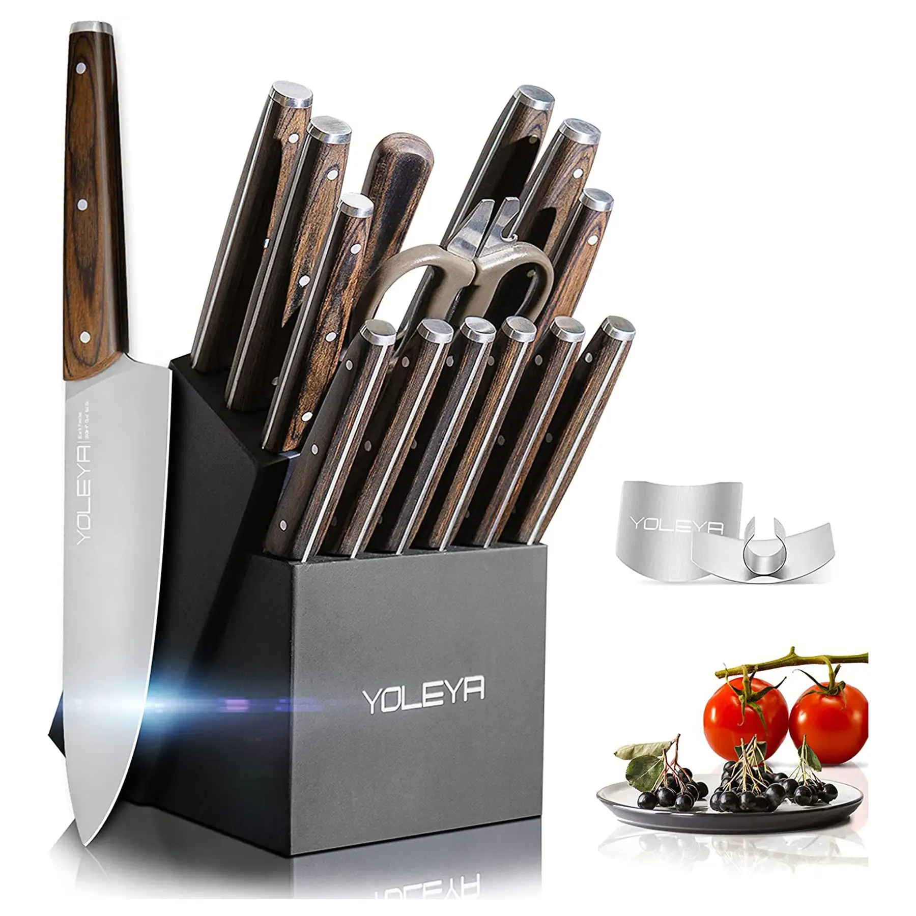 YOLEYA 15 pc Kitchen Stainless Steel Knife Set with Storage Block, Brown