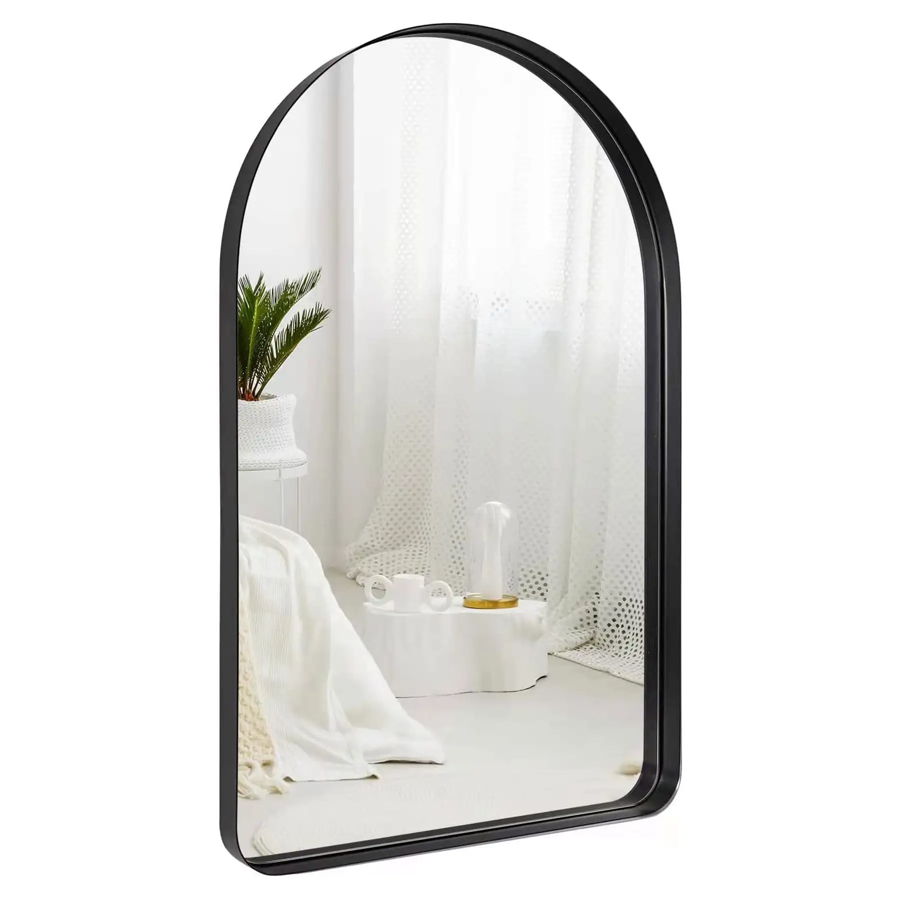 22 x 35 x 2 Inch Wall Mounted Metal Frame Arched Vanity Mirror, Black