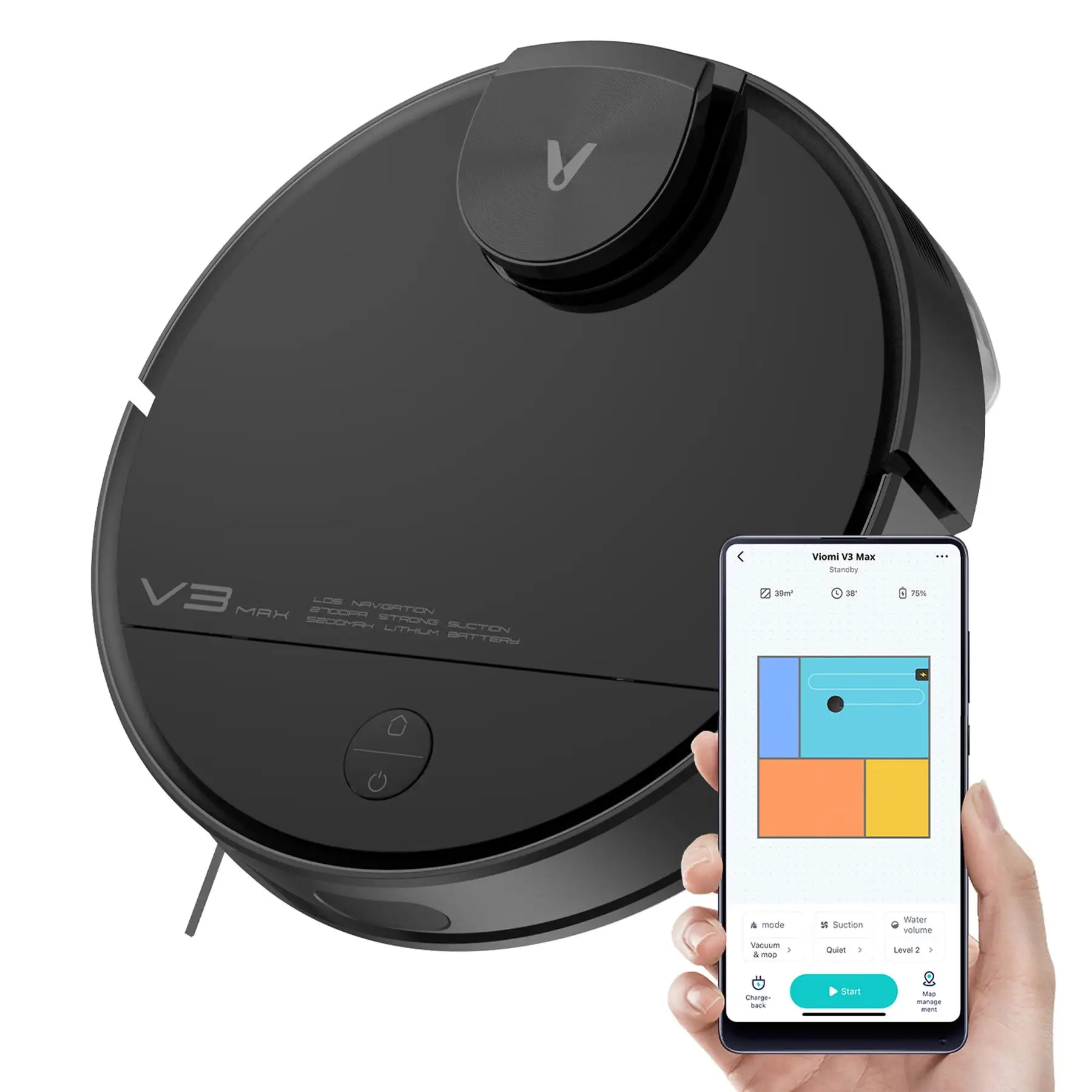 Viomi Smart Robot Vacuum V3 Max Duster Vacuum and Mop for Multi Floors, Black