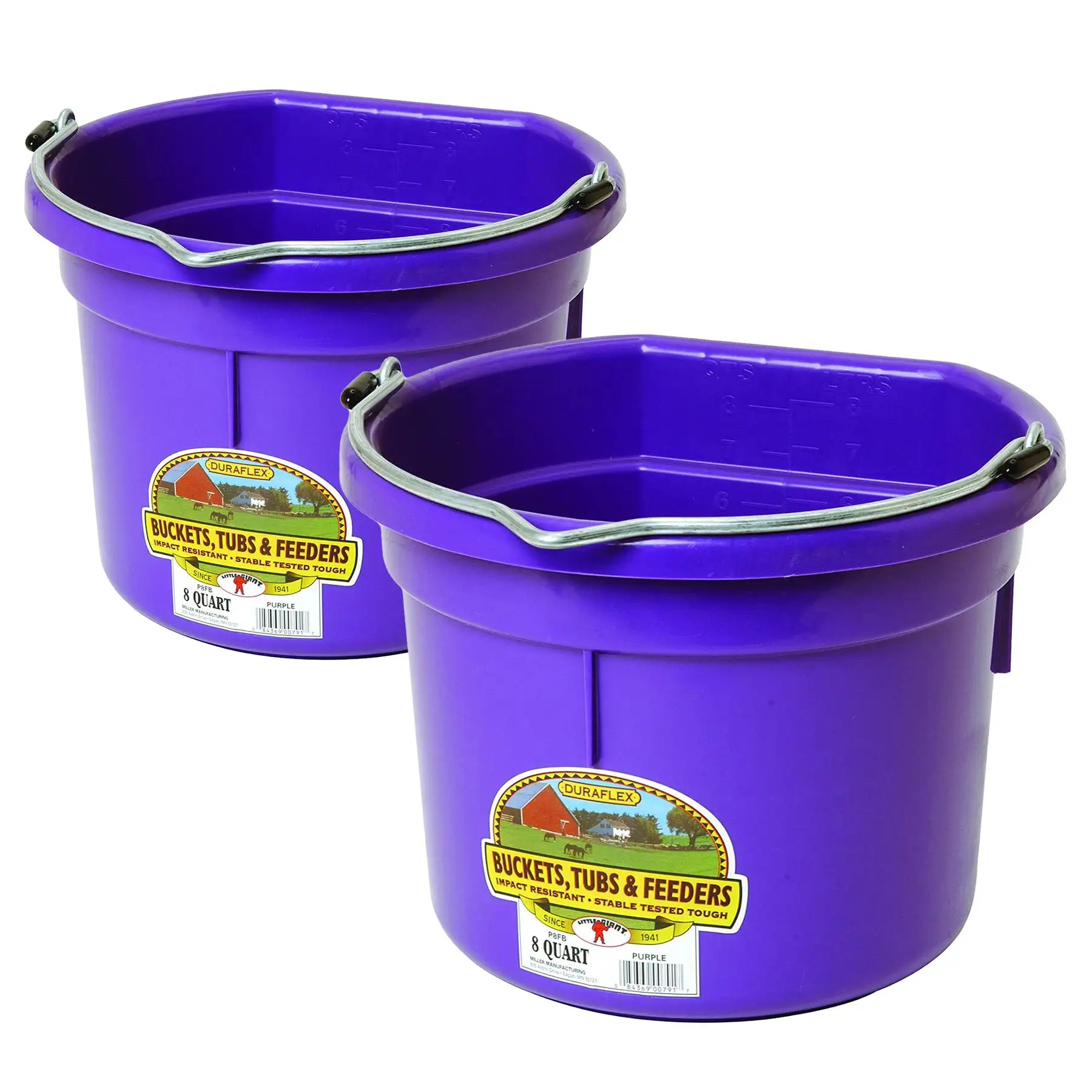 Little Giant 2 Gallon All Purpose Flat Back Plastic Bucket, Purple, (2 Pack)