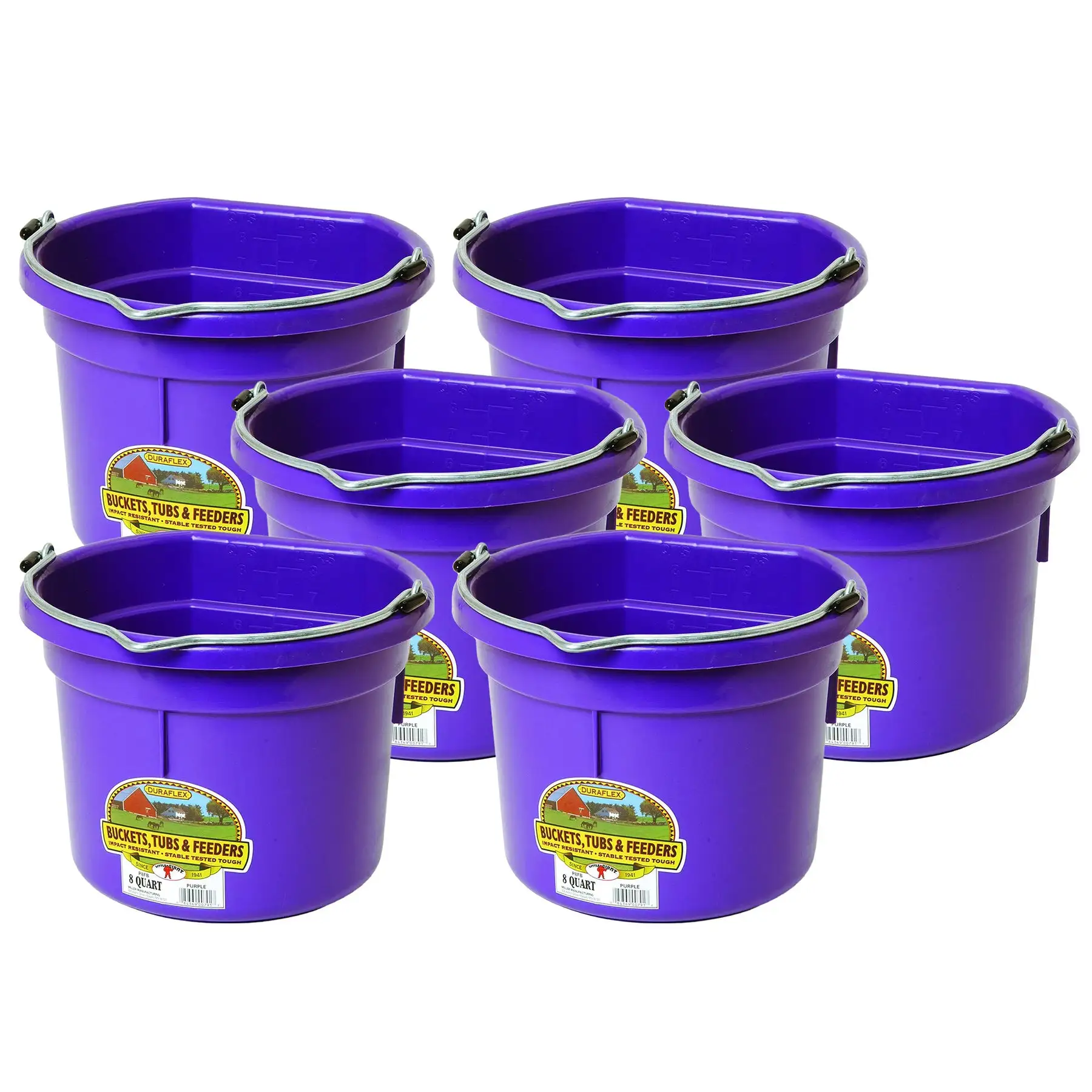 Little Giant 2 Gallon All Purpose Flat Back Plastic Bucket, Purple, (6 Pack)