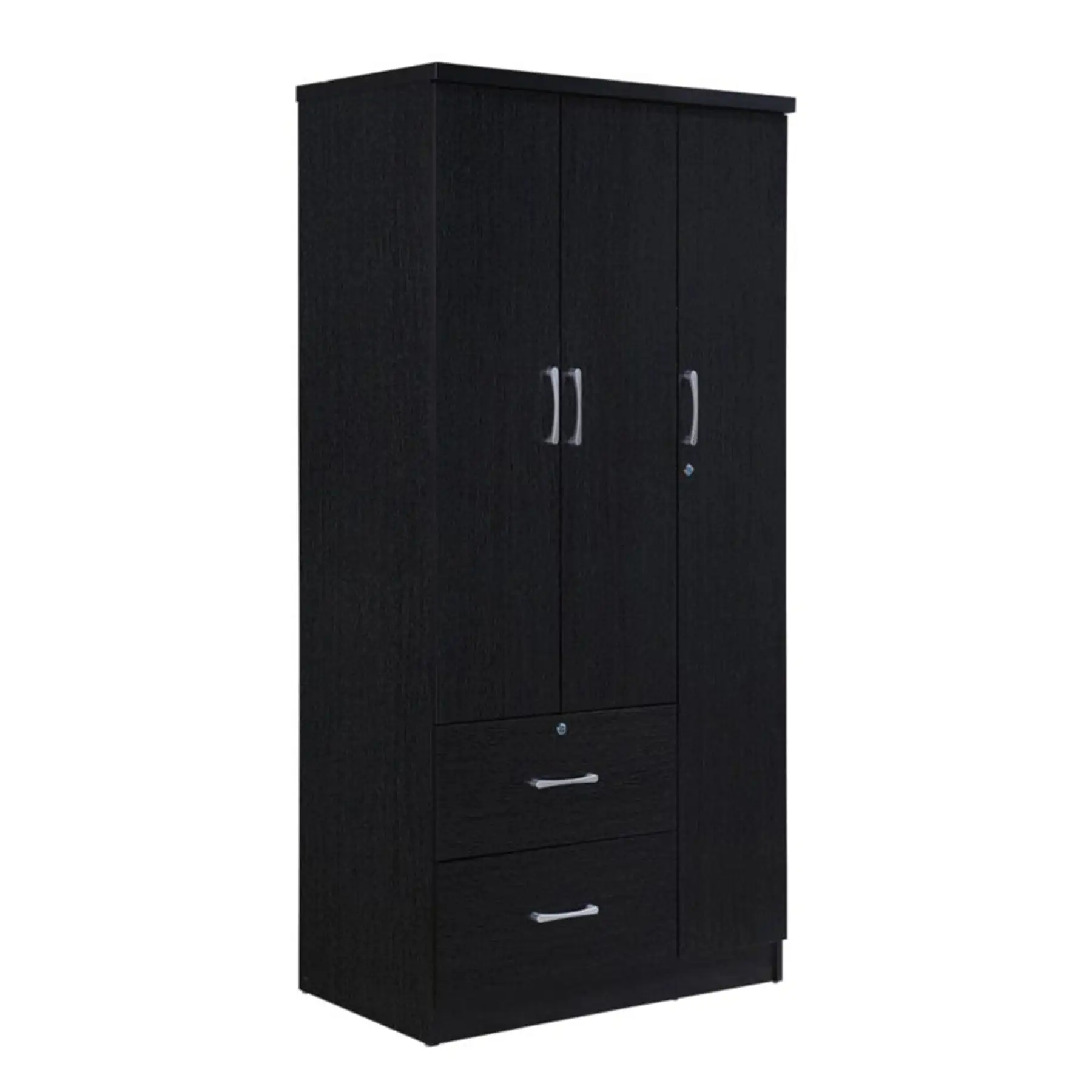 Hodedah Import 3 Door Armoire with Clothing Rod, Shelves, and 2 Drawers, Black