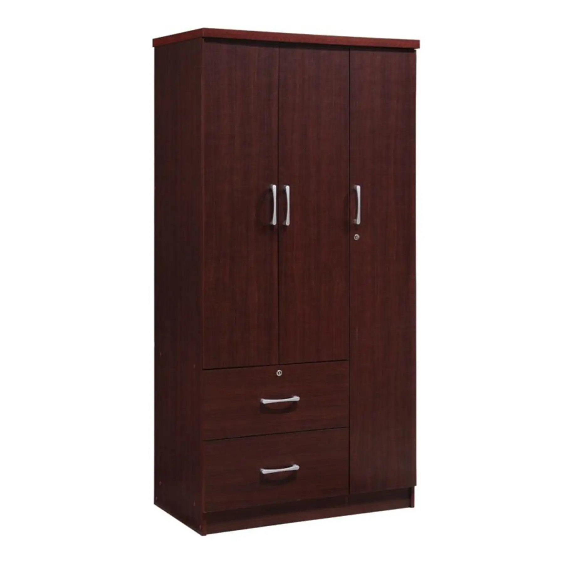 Hodedah Import 3 Door Armoire with Clothing Rod, Shelves, & 2 Drawers, Mahogany