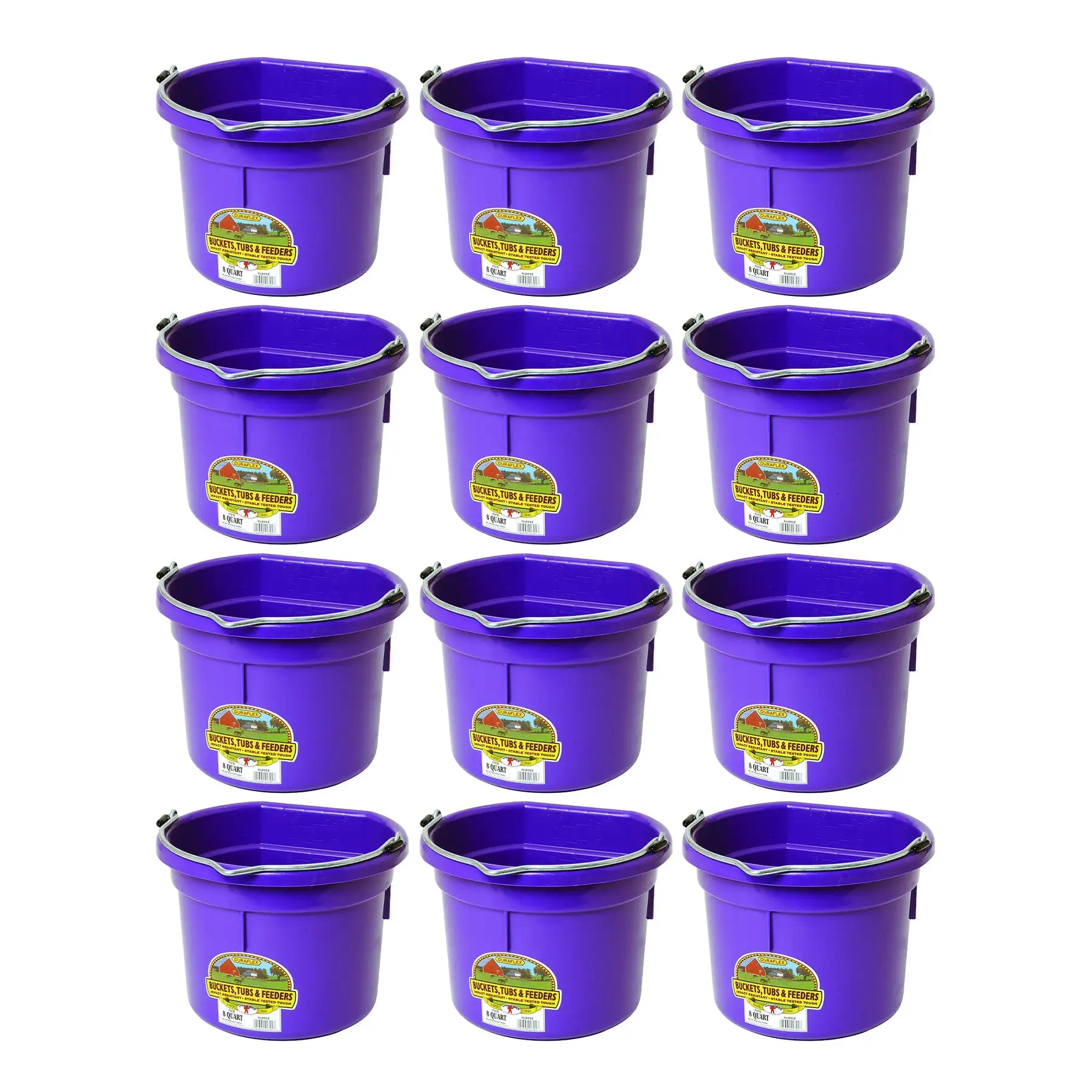 Little Giant 2 Gallon All Purpose Flat Back Plastic Bucket, Purple, (12 Pack)