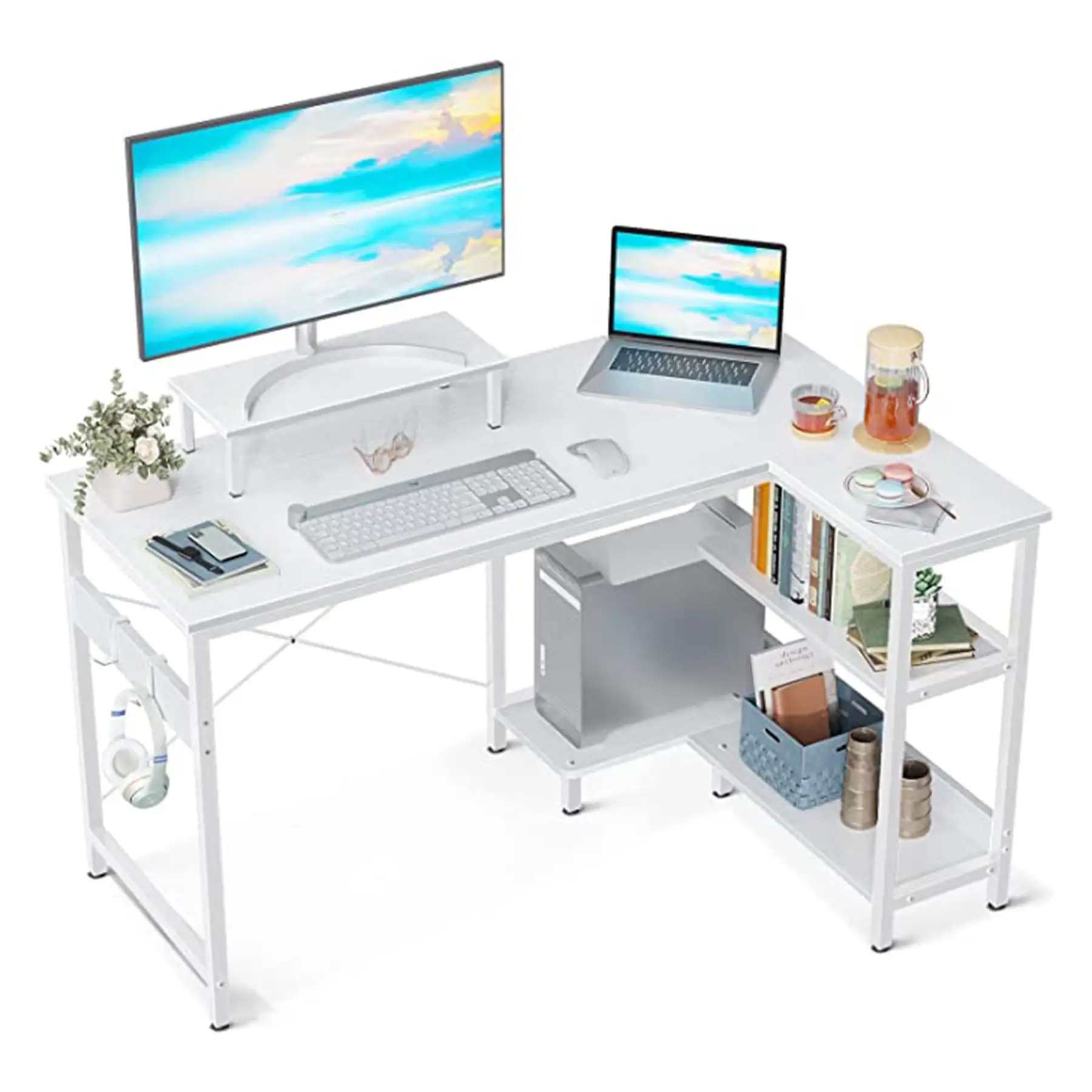 ODK 47 Inch Compact L Shaped Desk with Storage Shelves and Monitor Stand, White