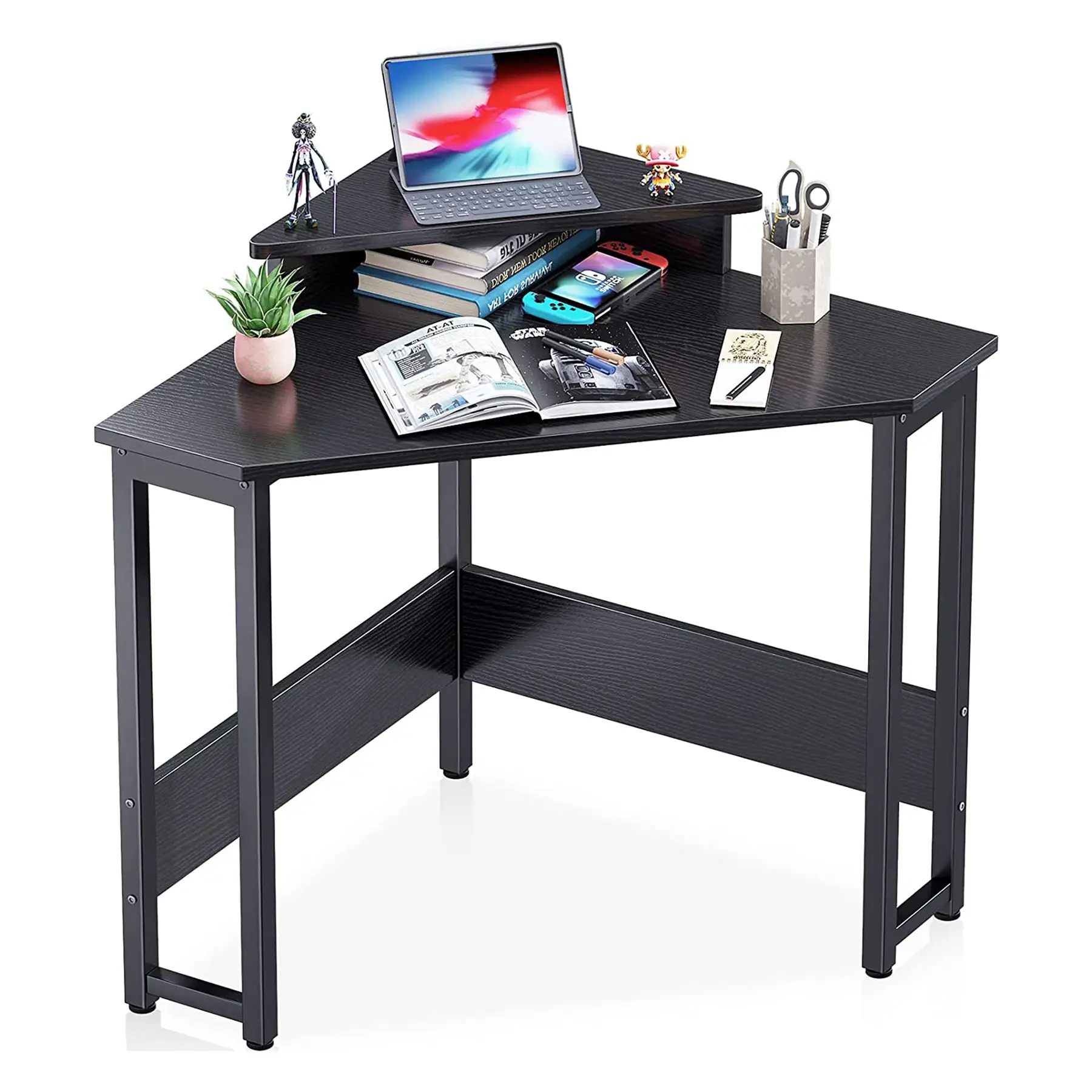 ODK Modern Triangle Corner Computer Writing Desk w/ Raised Monitor Stand, Black