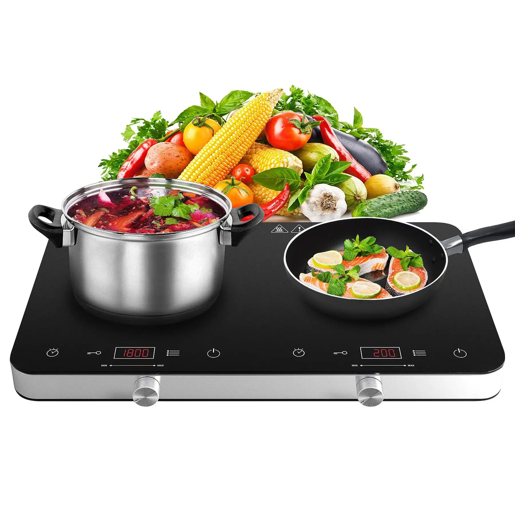 COOKTRON 1800W 120V Portable Double Burner Electric Induction Cooktop w/Knobs