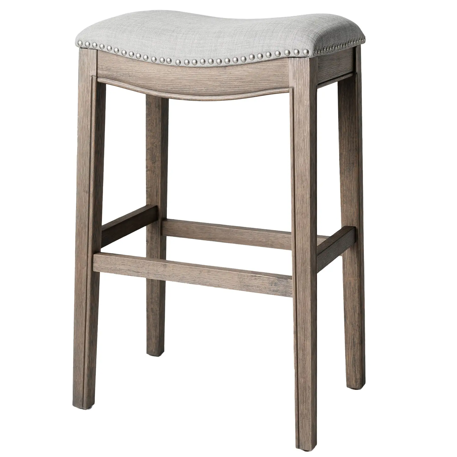 Maven Lane Adrien Saddle Bar Stool in Reclaimed Oak Finish w/ Ash Grey Fabric Upholstery