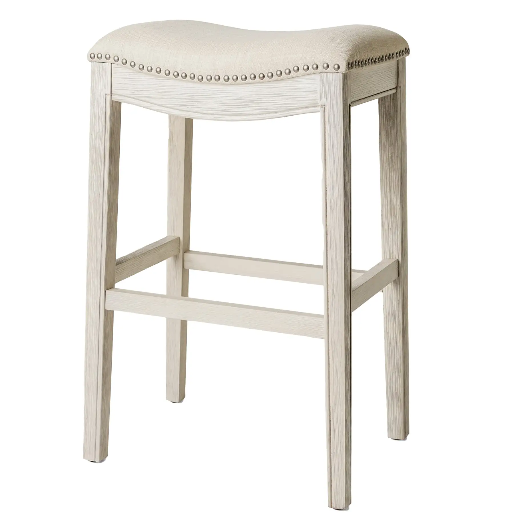 Maven Lane Adrien Saddle Bar Stool in White Oak Finish w/ Natural Fabric Upholstery