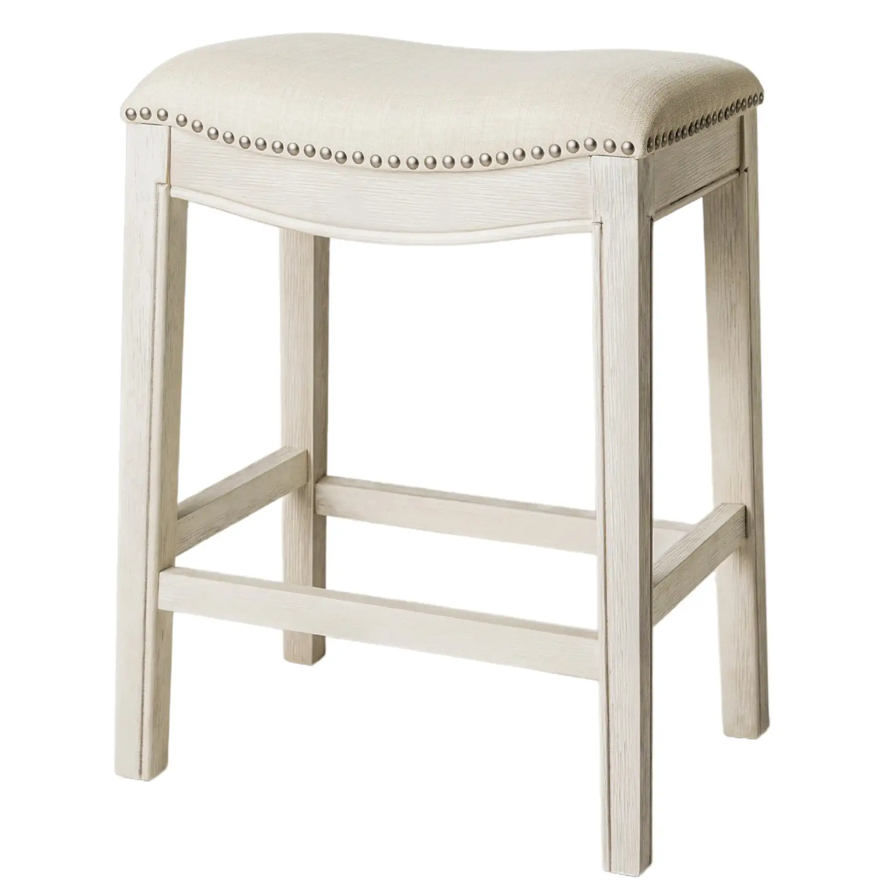 Maven Lane Adrien Saddle Counter Stool in White Oak Finish w/ Natural Fabric Upholstery