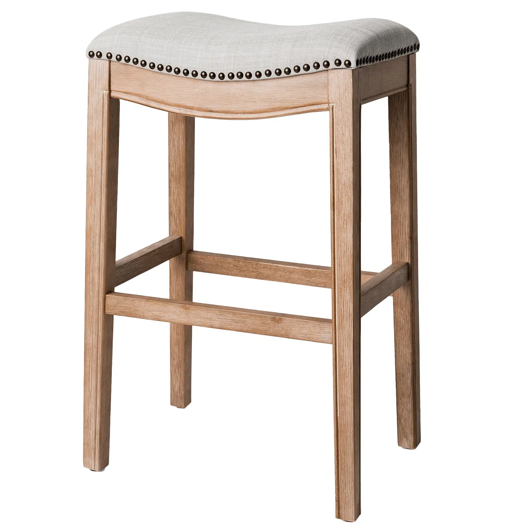 Maven Lane Adrien Saddle Bar Stool in Weathered Oak Finish w/ Sand Color Fabric Upholstery