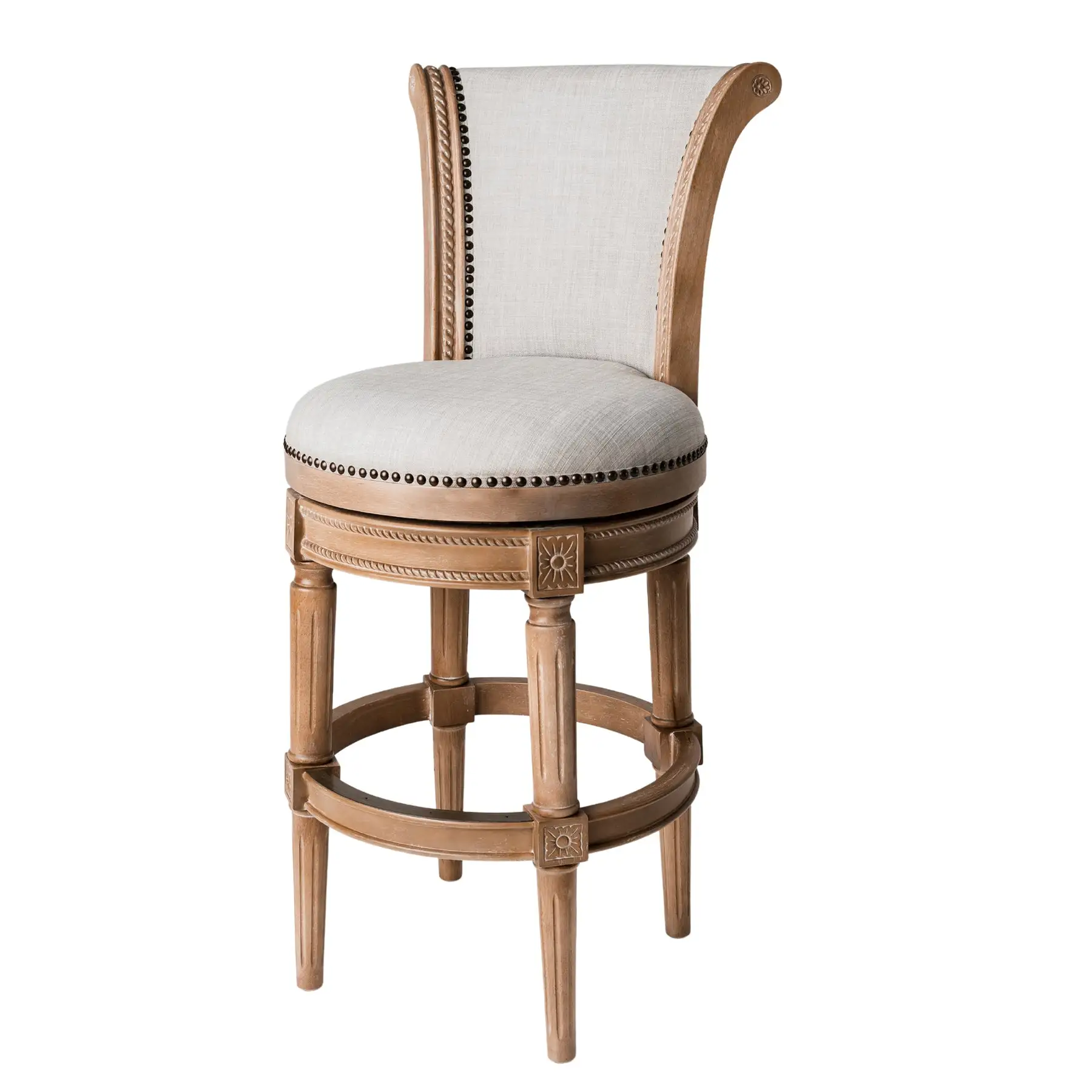 Maven Lane Pullman Bar Stool, Weathered Oak Finish w/ Sand Color Fabric Upholstery