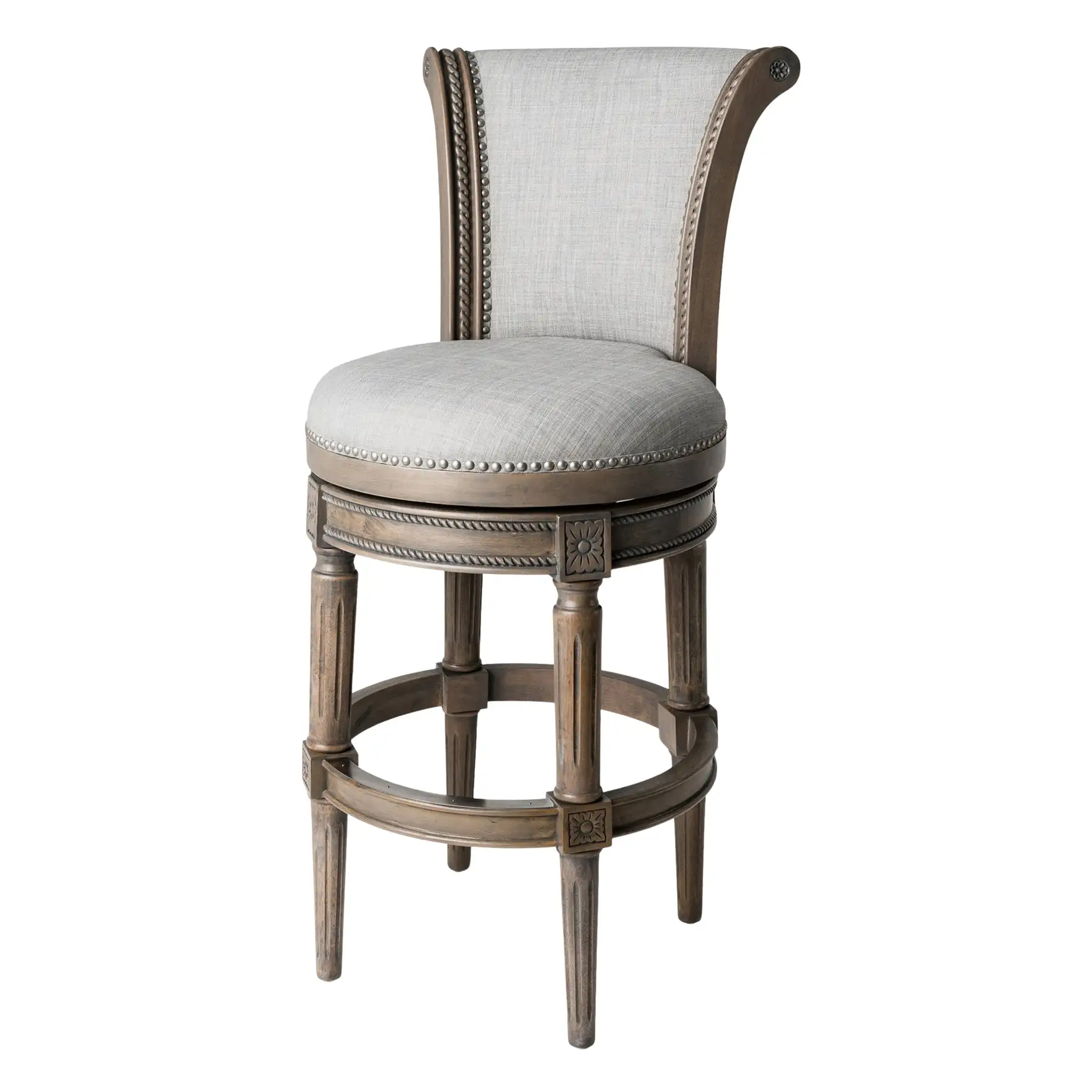 Maven Lane Pullman Bar Stool, Reclaimed Oak Finish w/ Ash Grey Fabric Upholstery