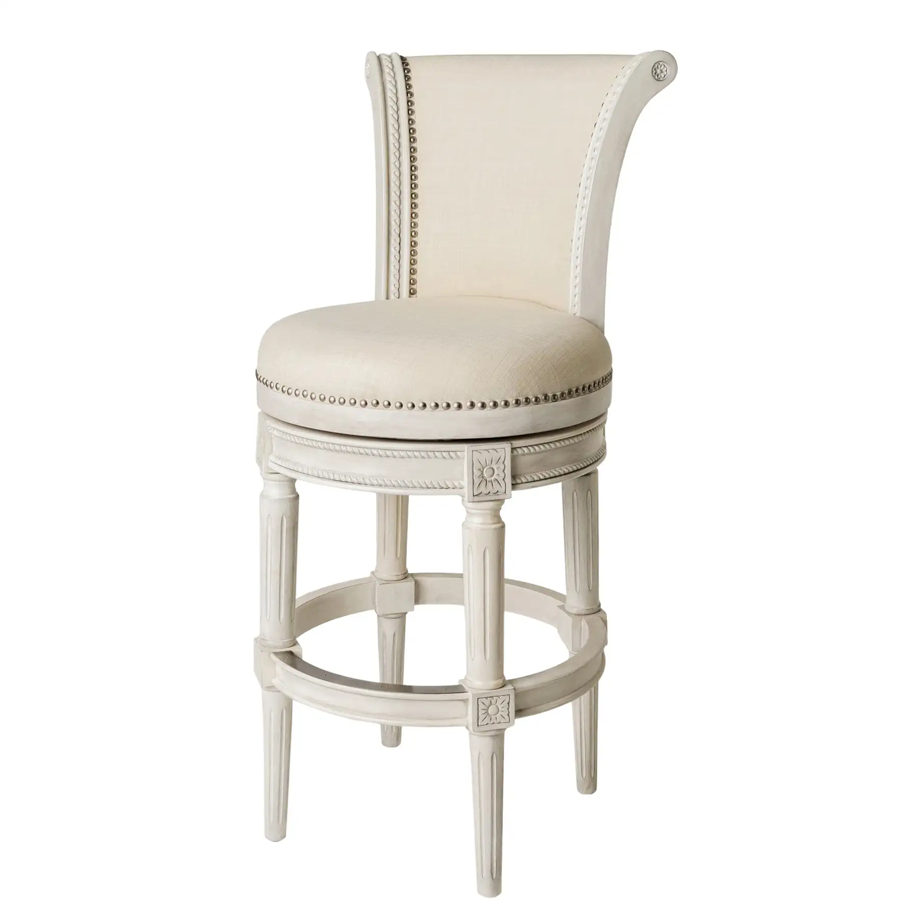 Maven Lane Pullman Bar Stool, White Oak Finish w/ Natural Color Fabric Upholstery