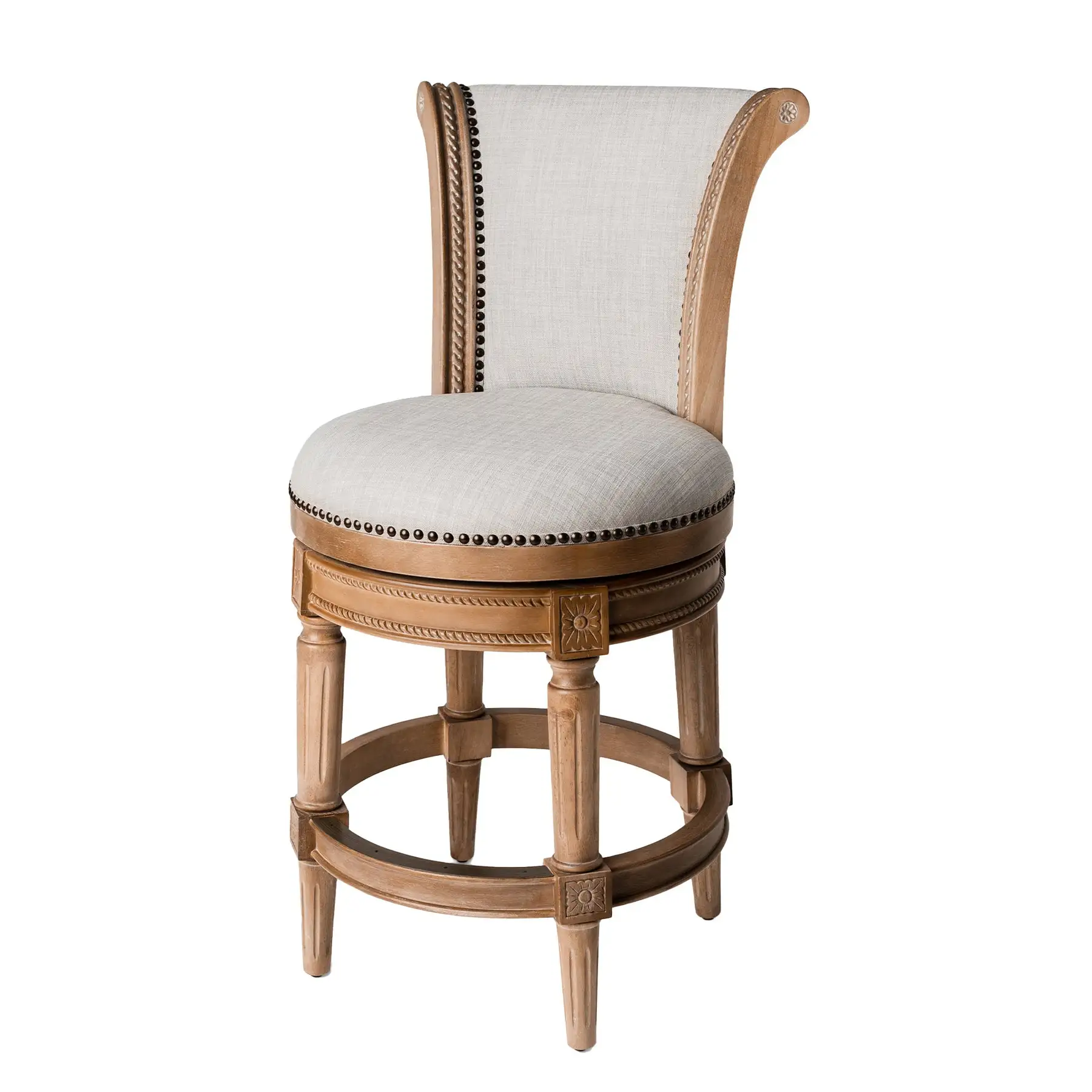 Maven Lane Pullman Counter Stool, Weathered Oak Finish w/ Sand Color Fabric Upholstery