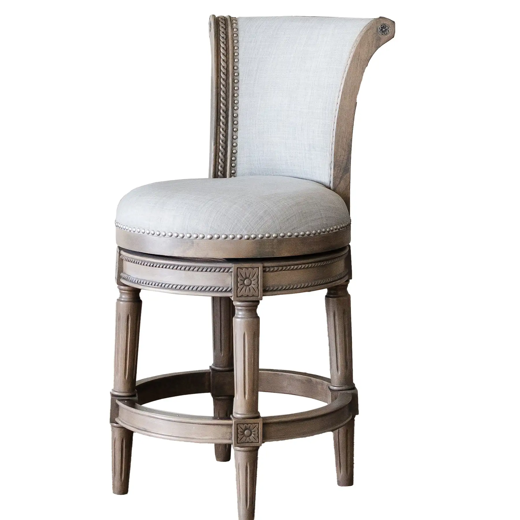 Maven Lane Pullman Counter Stool, Reclaimed Oak Finish w/ Ash Grey Fabric Upholstery