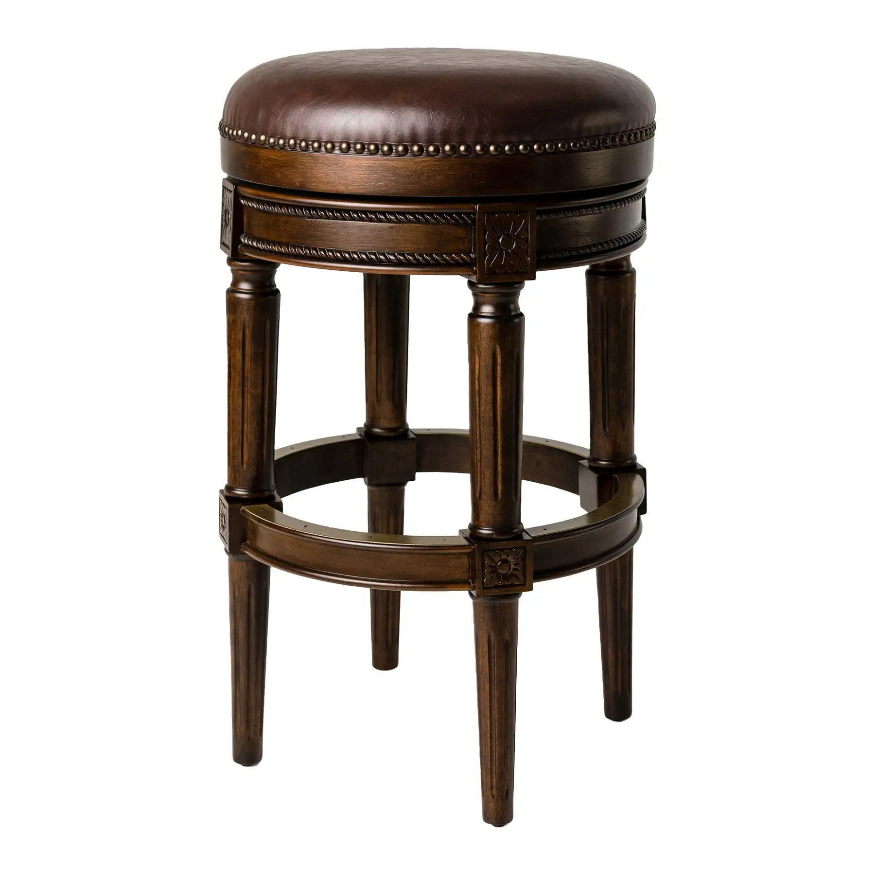 Maven Lane Pullman Backless Bar Stool in Dark Walnut Finish with Vintage Brown Vegan Leather