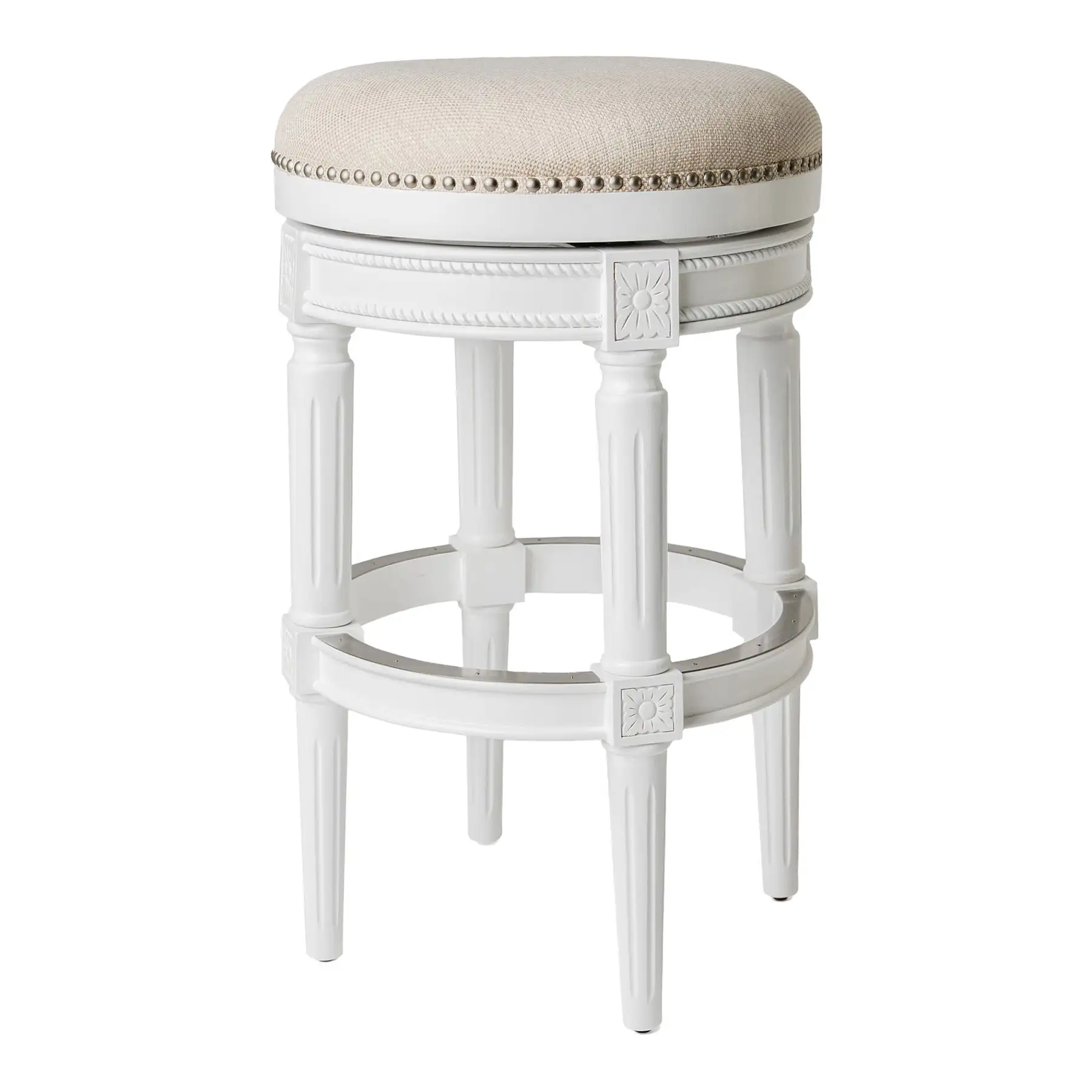 Maven Lane Pullman Backless Bar Stool in Alabaster White Finish w/ Cream Fabric Upholstery