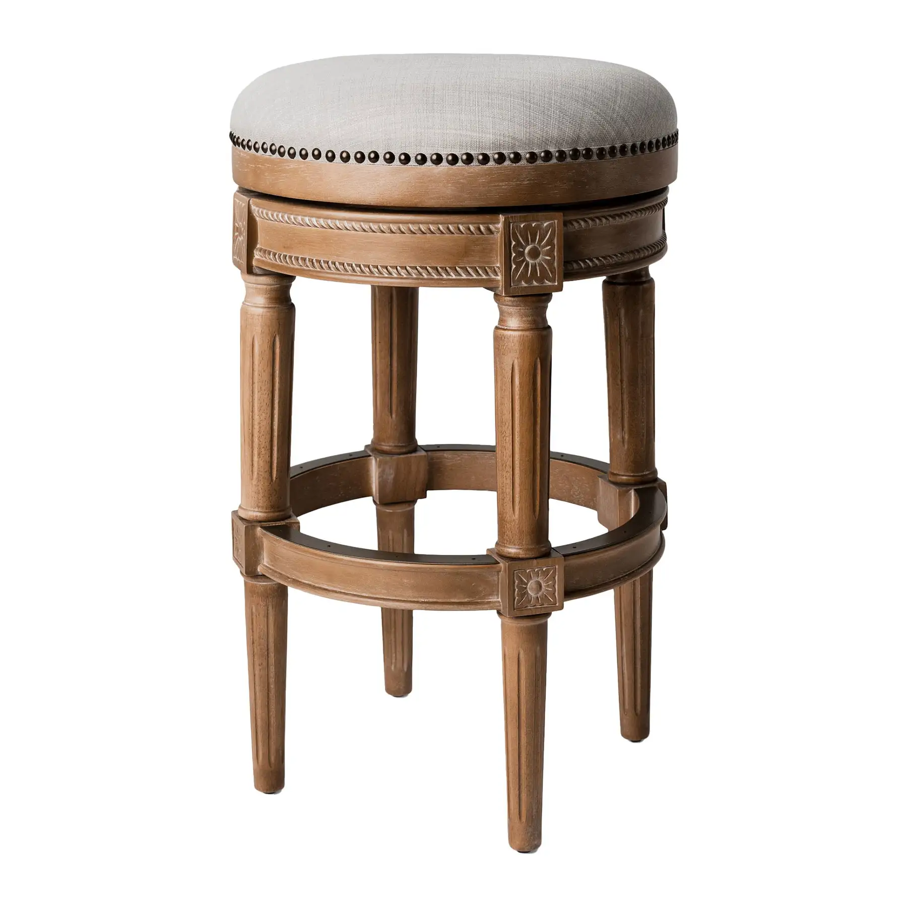 Maven Lane Pullman Backless Bar Stool in Weathered Oak Finish w/ Sand Color Fabric Upholstery