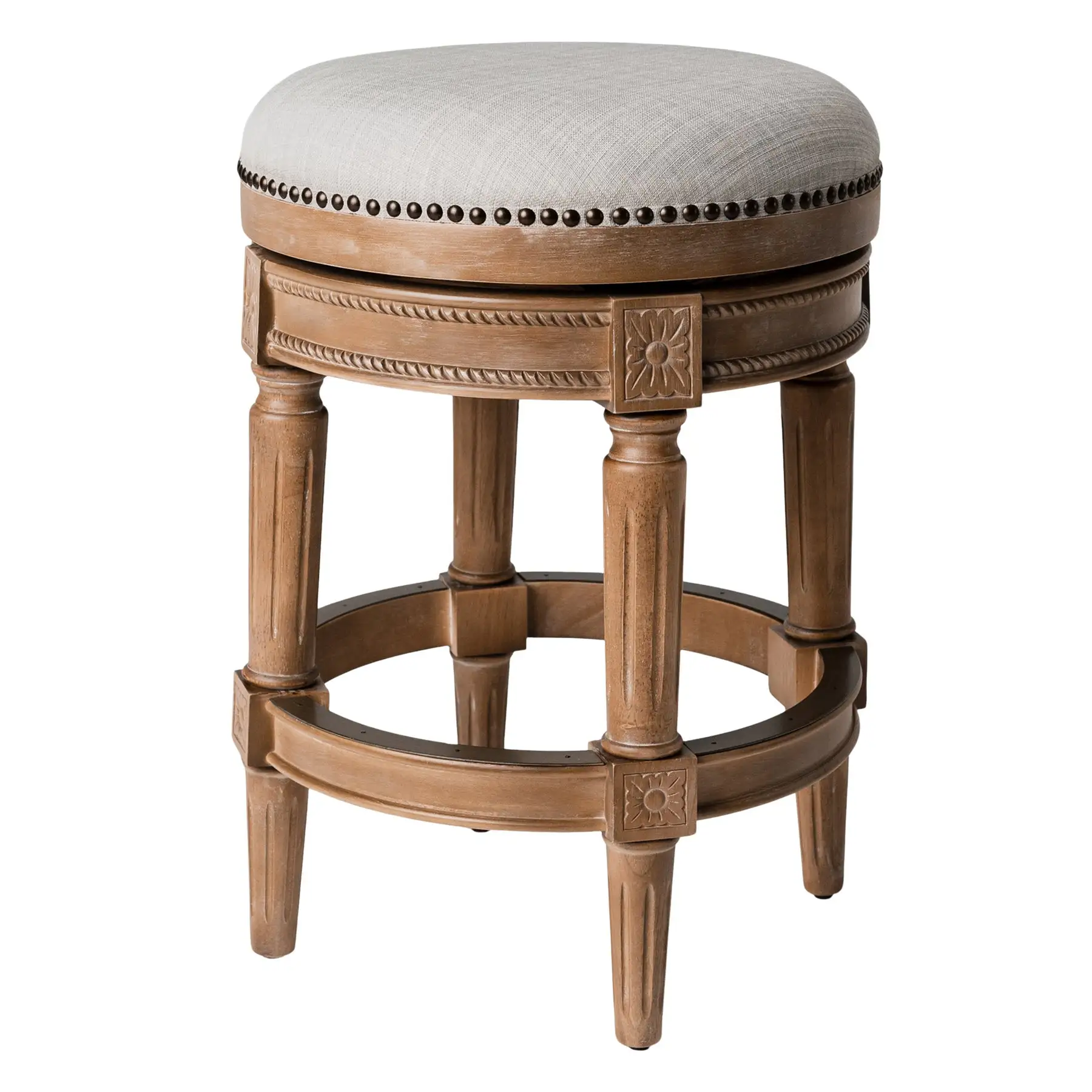 Maven Lane Pullman Backless Counter Stool in Weathered Oak Finish w/ Sand Color Fabric Upholstery