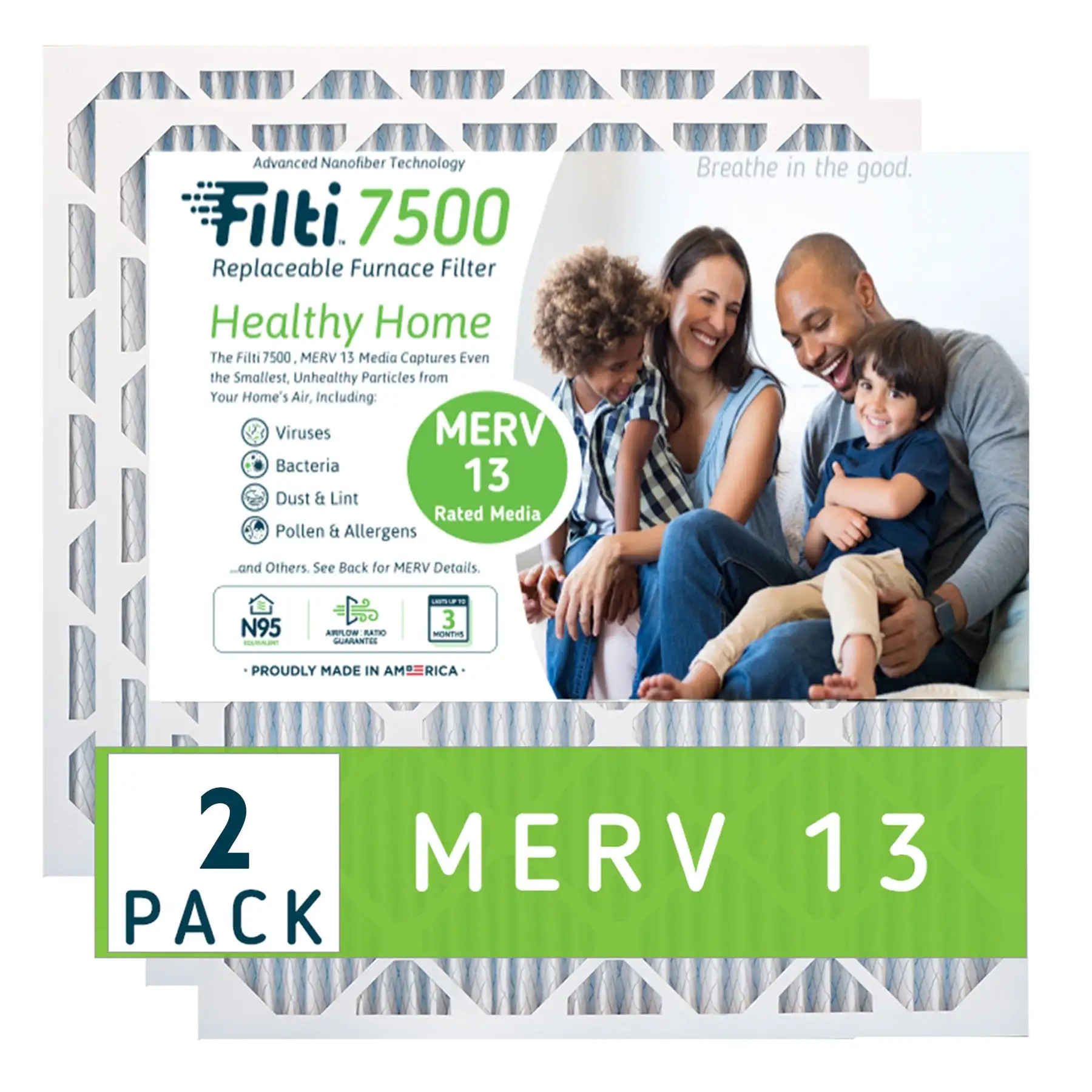 Filti 7500 Pleated Home HVAC Furnace 20 x 20 x 4 MERV 13 Air Filter (2 Pack)