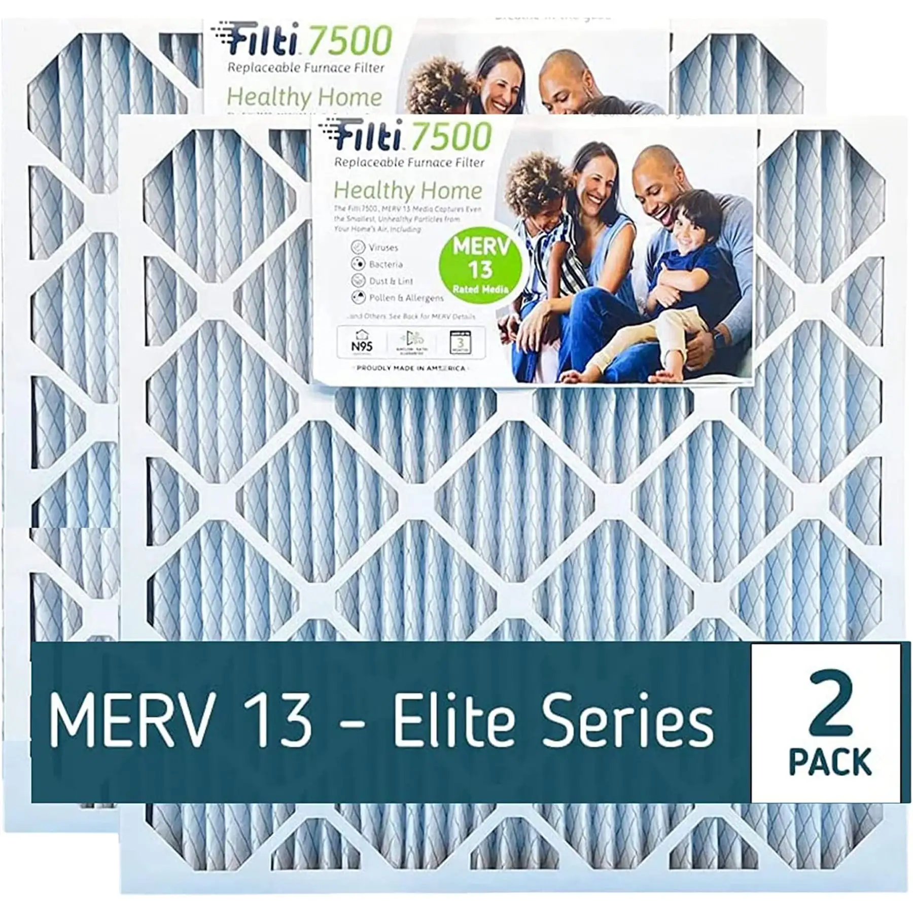 Filti 7500 Pleated Home HVAC Furnace 20 x 25 x 5 MERV 13 Air Filter (2 Pack)