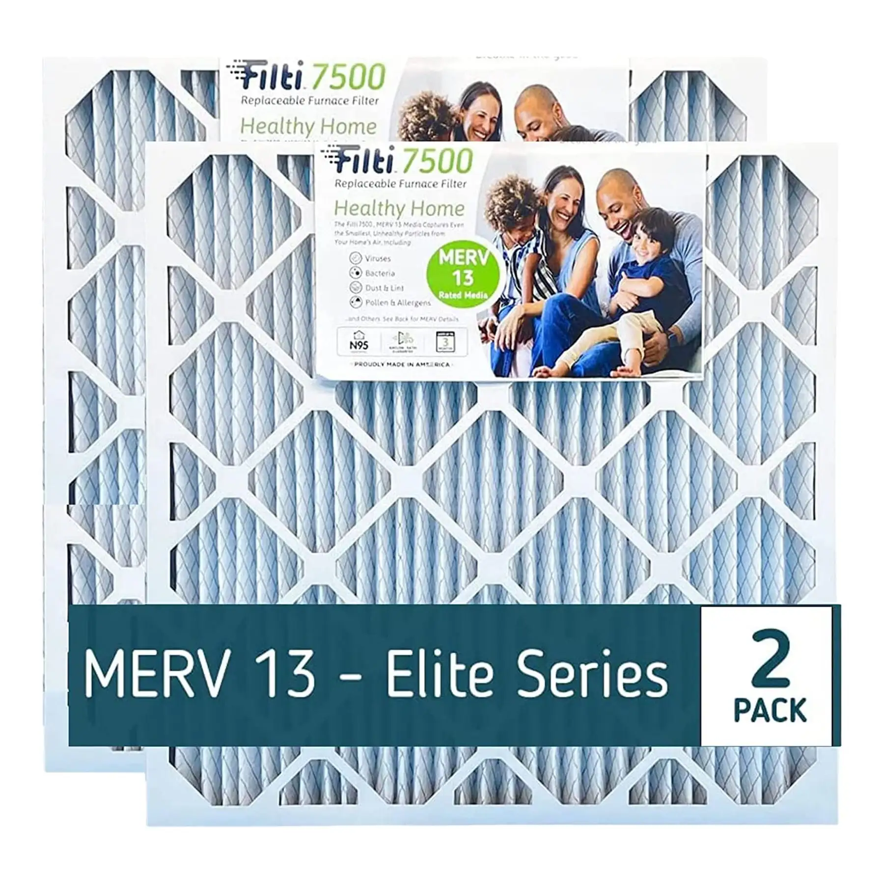 Filti 7500 Pleated Home HVAC Furnace 20 x 25 x 4 MERV 13 Air Filter (2 Pack)