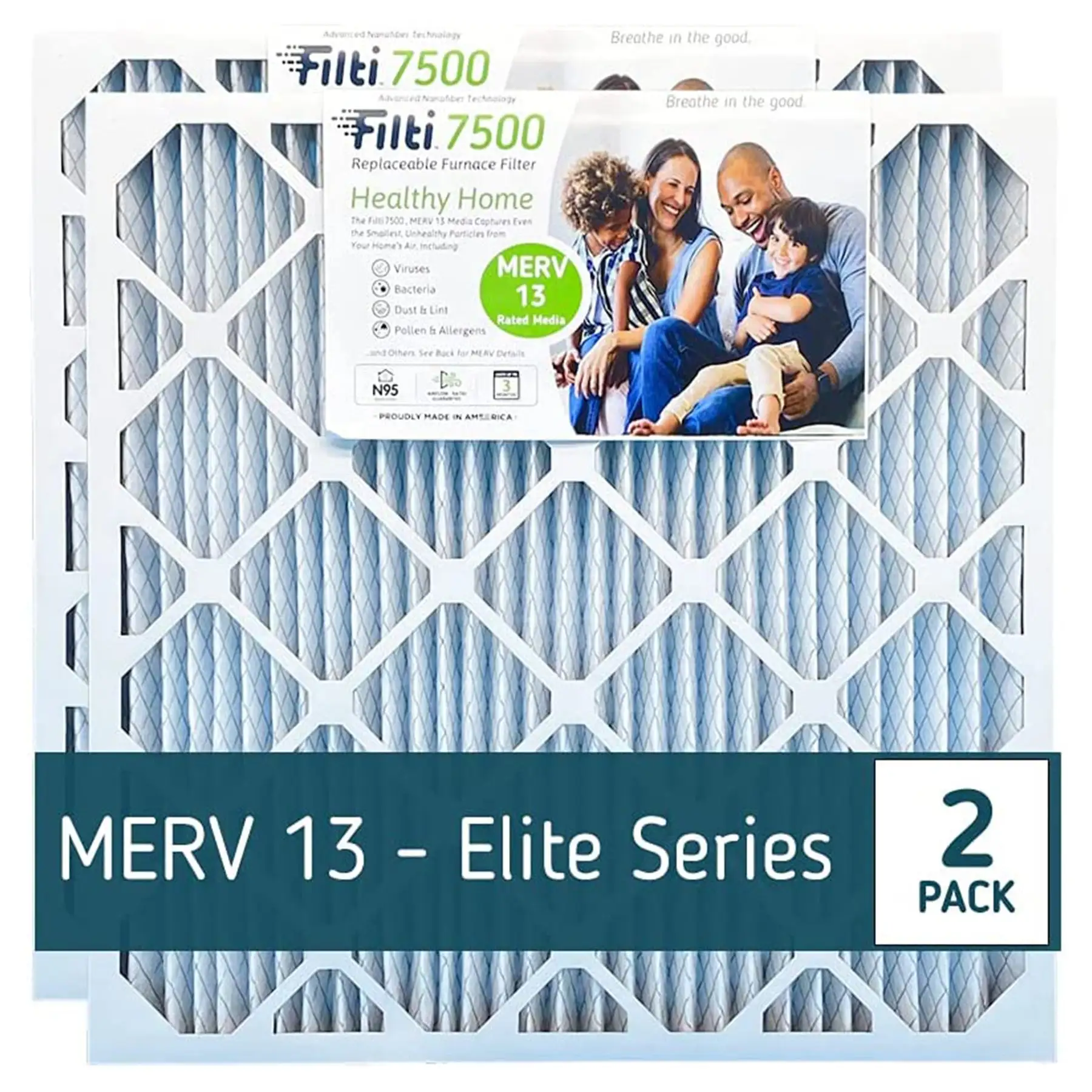 Filti 7500 Pleated Home HVAC Furnace 16 x 20 x 2 MERV 13 Air Filter (2 Pack)