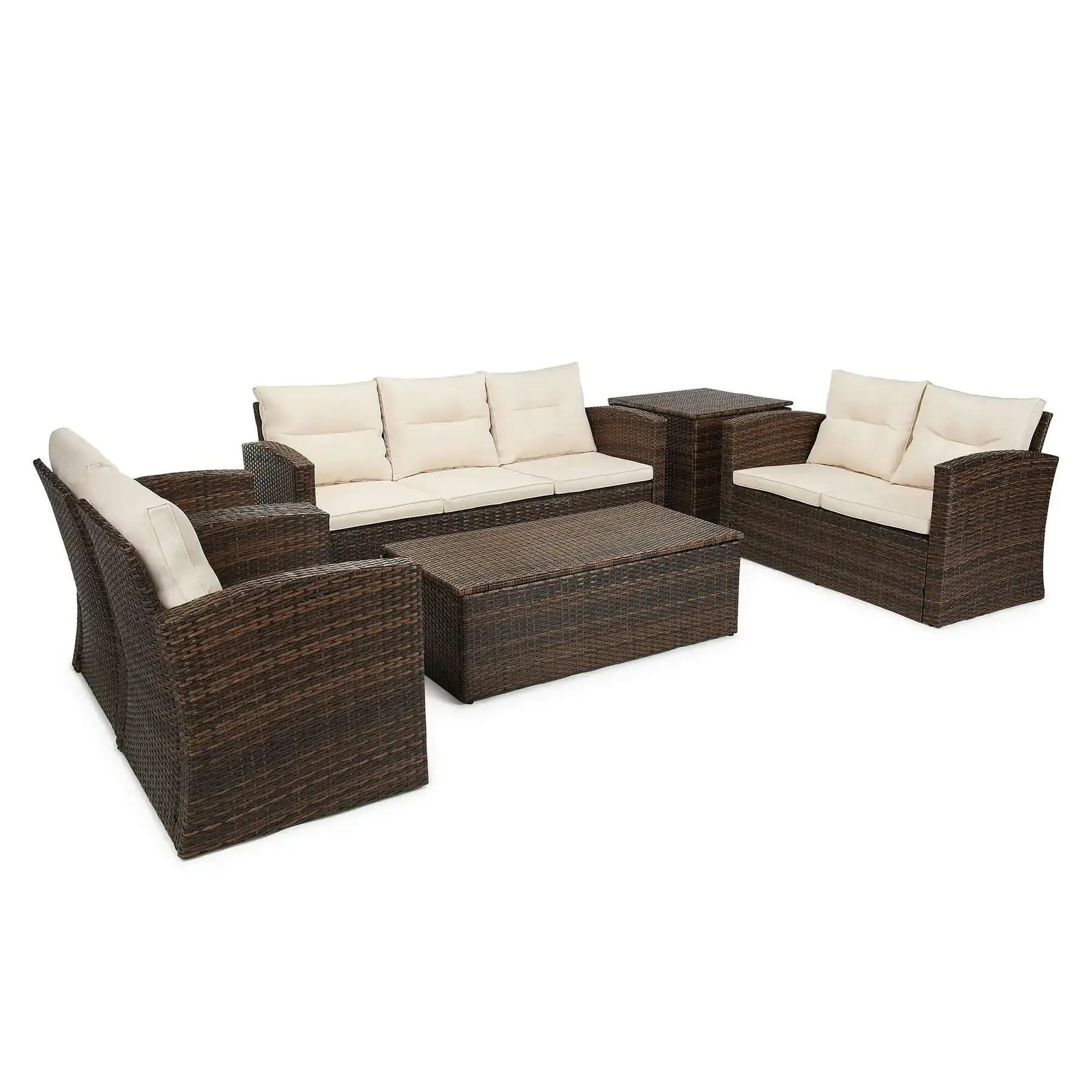 Edyo Living 6-Piece Brown Wicker Patio Furniture Conversation Seating Set, Beige