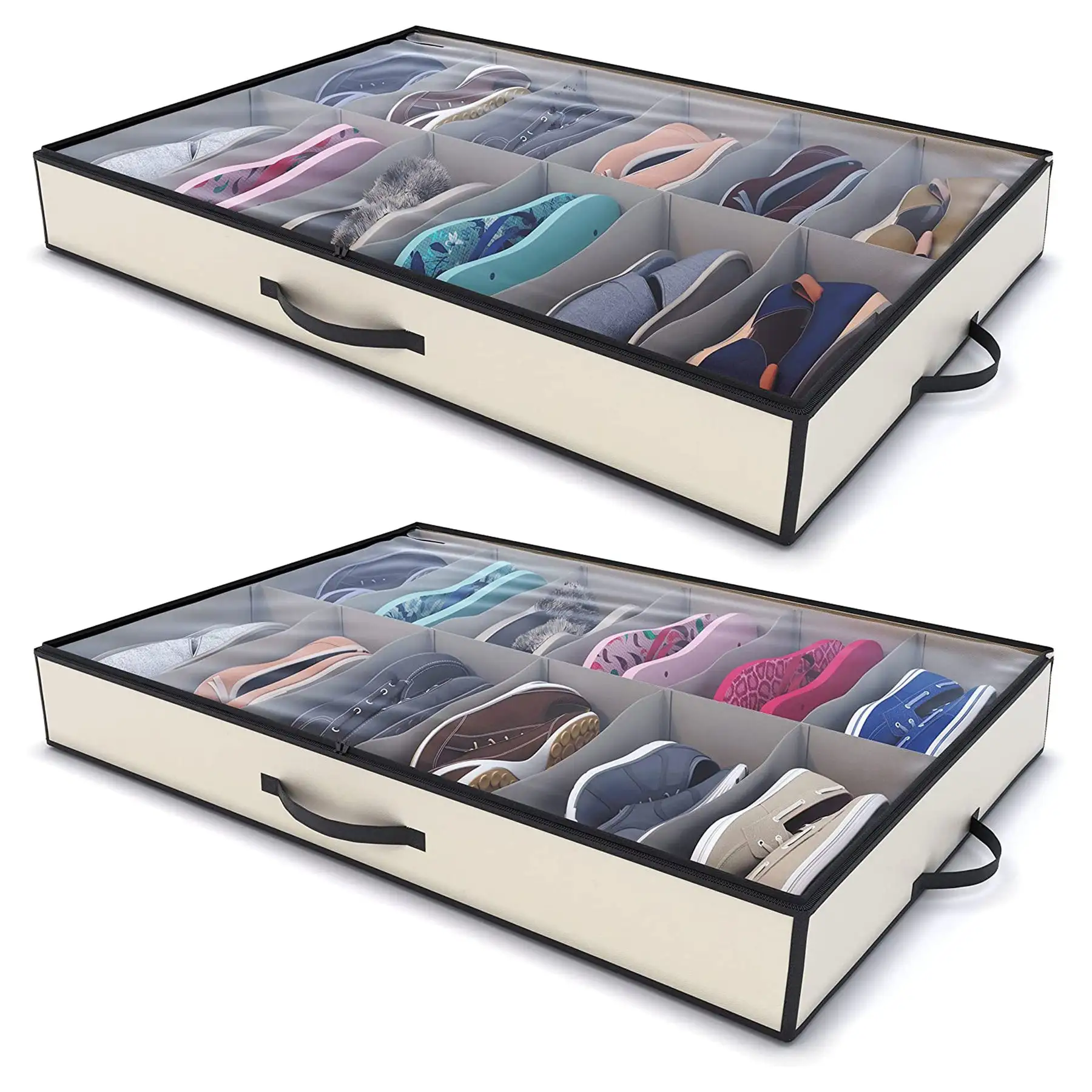 Woffit 12 Pair Under Bed Shoe Storage Zippered Organizer Box, Beige, Set of 2