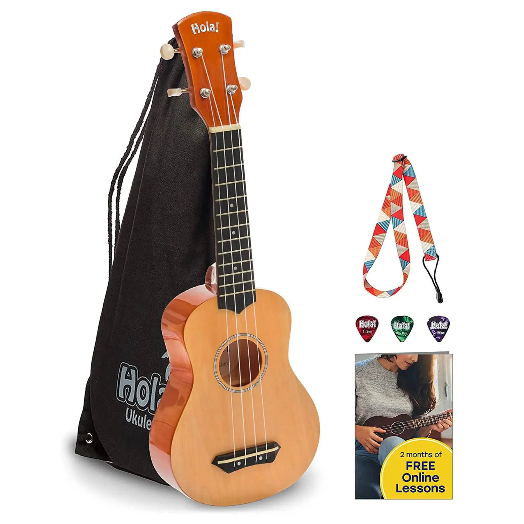 Hola! Music Color Series Soprano Ukulele with Tote Bag, Strap, & Picks, Natural