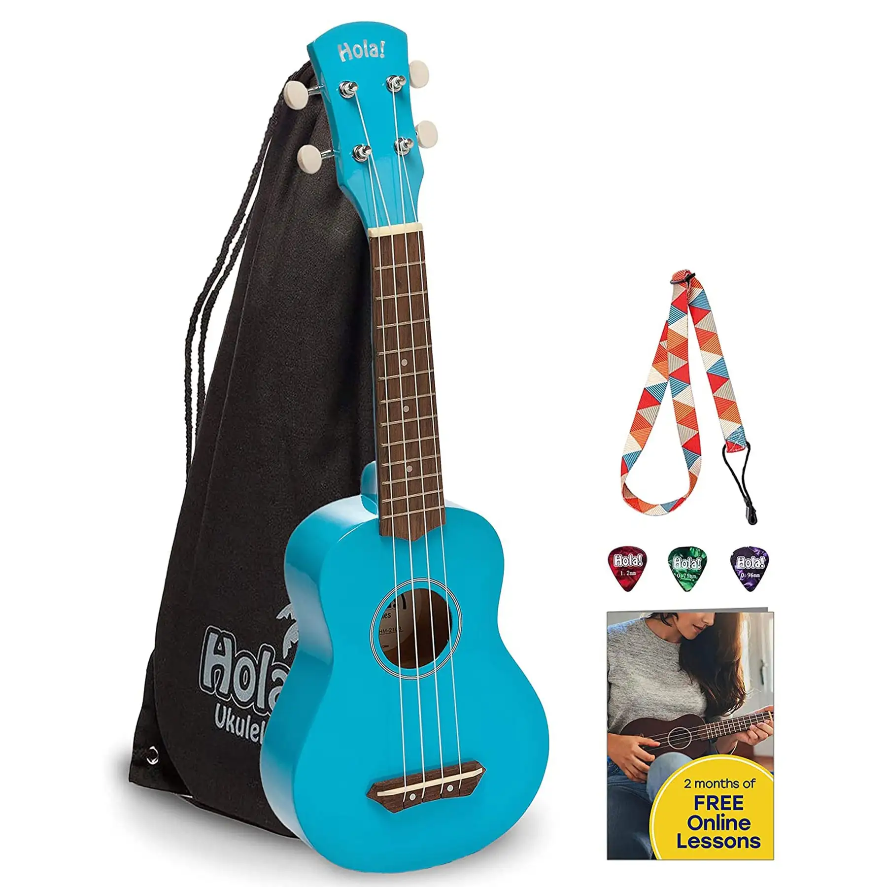 Hola! Music Color Series Soprano Ukulele Set with Tote Bag, Strap, & Picks, Blue