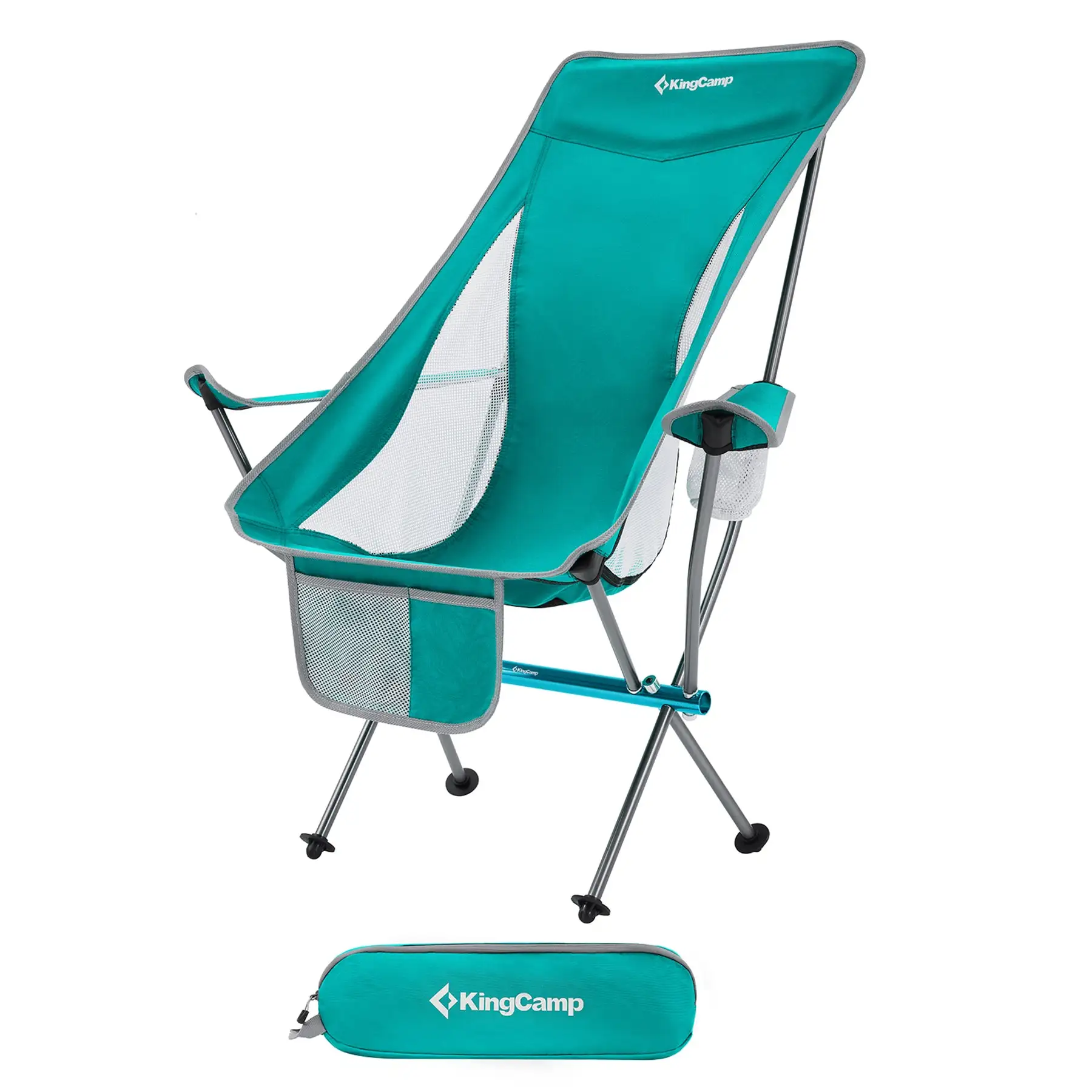 KingCamp Lightweight Highback Camping Lounge Chair with Cupholder & Pocket, Cyan