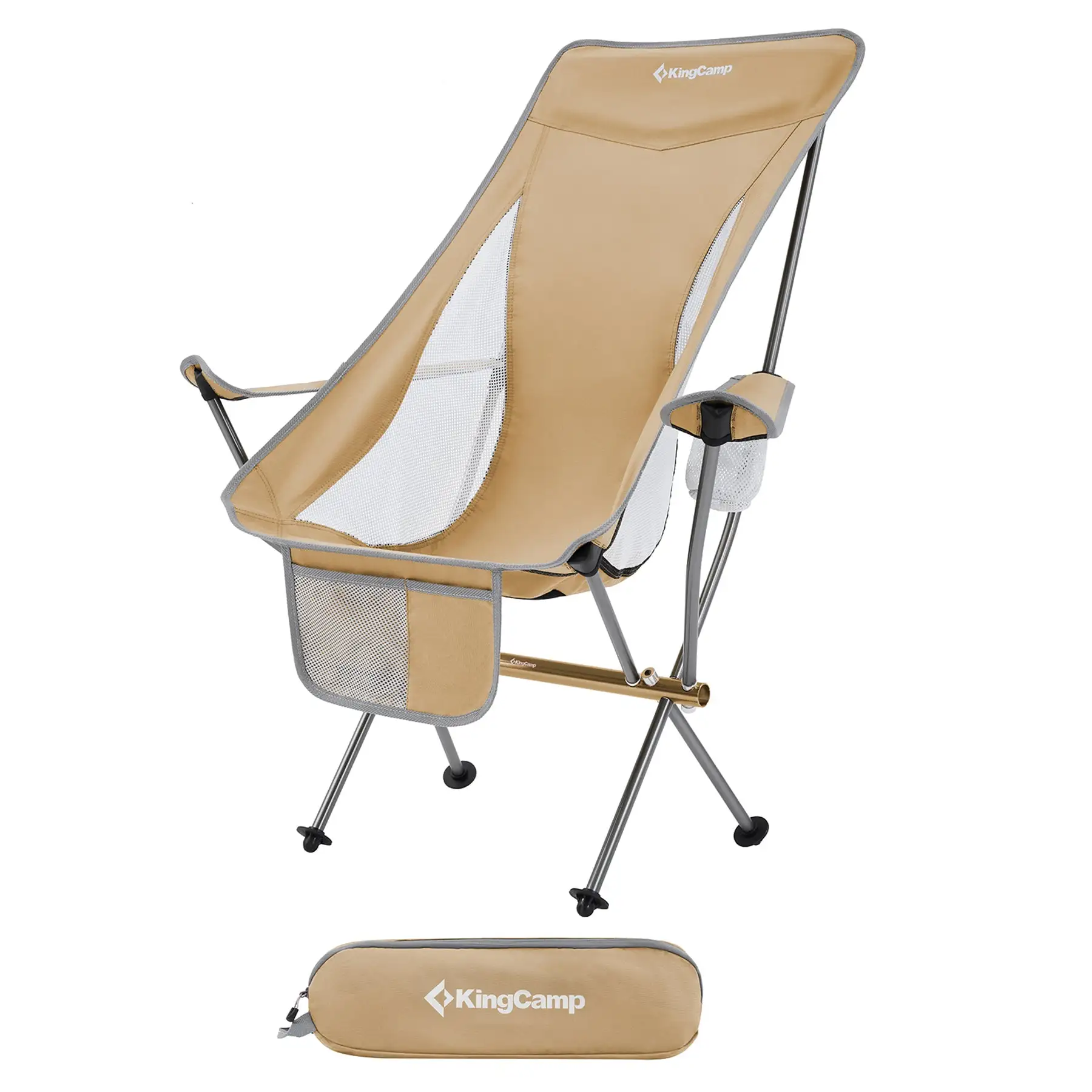 KingCamp Lightweight Highback Camp Lounge Chair with Cupholder & Pocket, Khaki