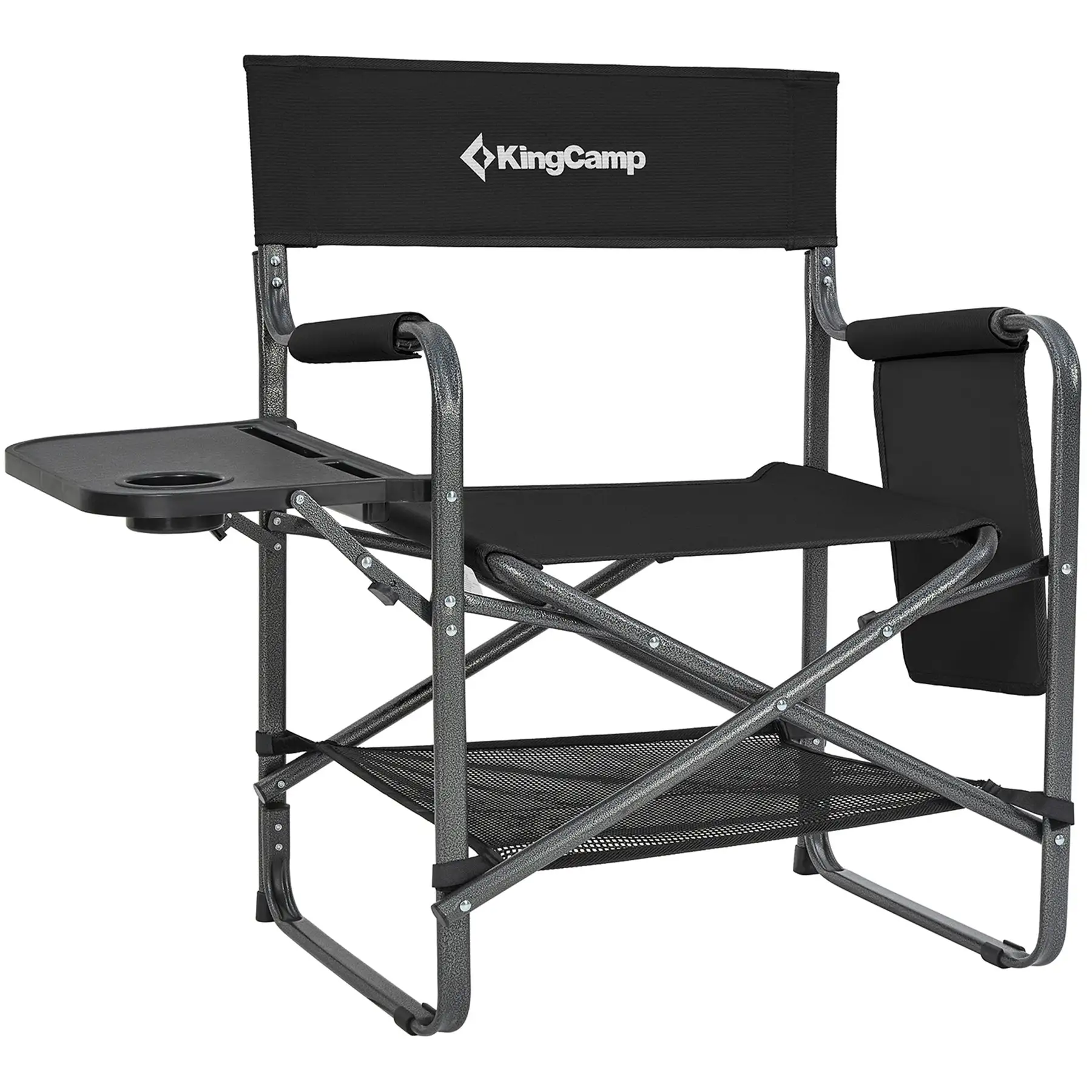 KingCamp Outdoor Folding Director Chair w/ Side Table Bottom Mesh Storage, Black