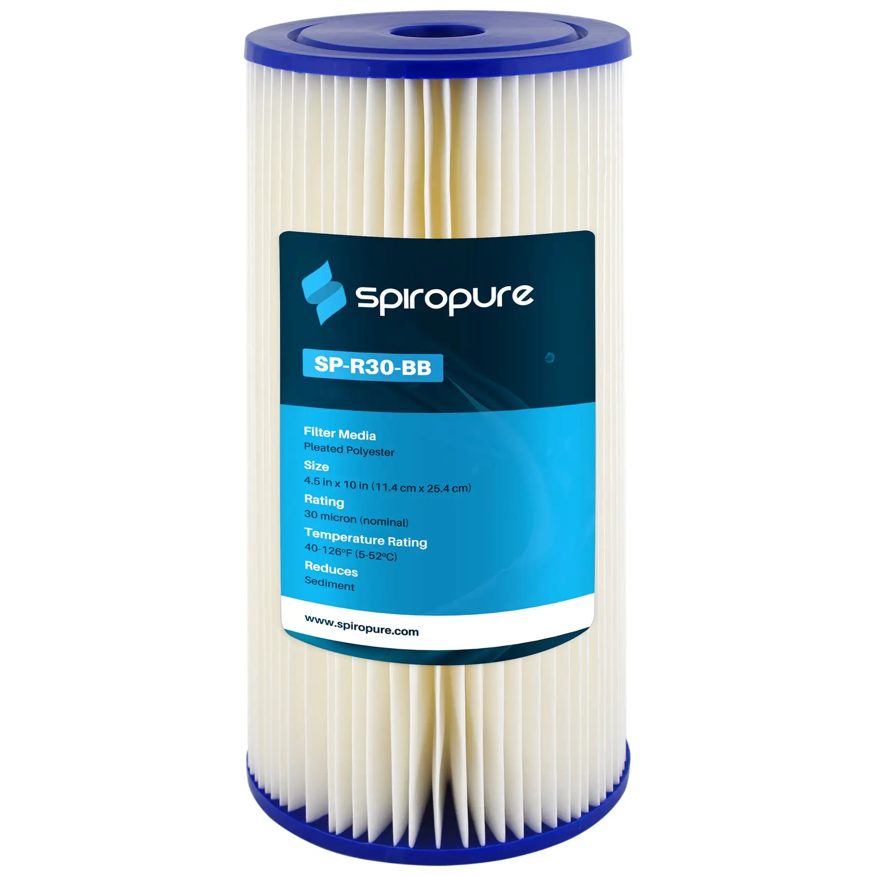 SpiroPure 10 x 4.5" Pleated Polyester Water Filter Cartridge, 30 Micron (8 Pack)