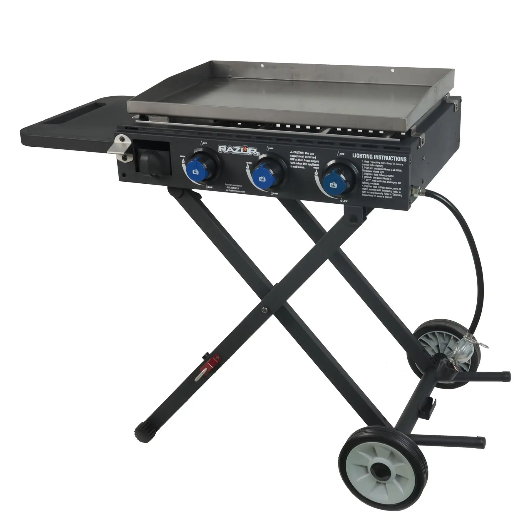 Razor Griddle Portable 3 Burner 30K BTU Gas Grill & Griddle Cart with Side Shelf