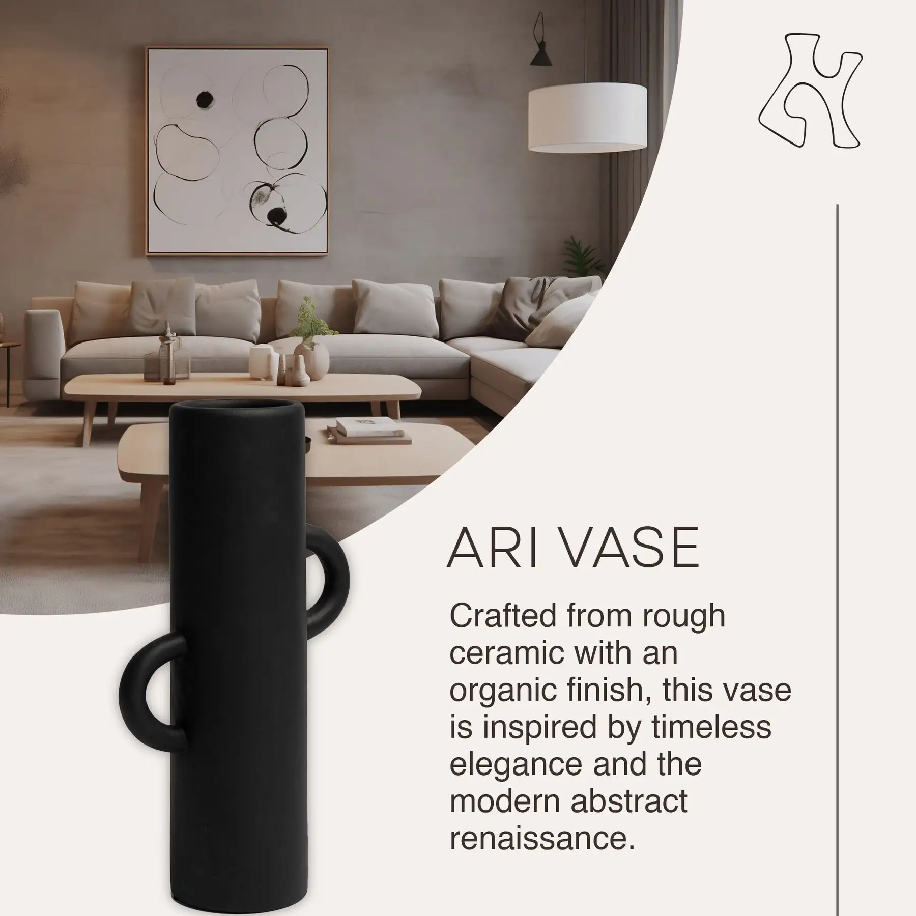 Villa Moda Ari Tube-Shaped Abstract Decorative Modern Vase, Black