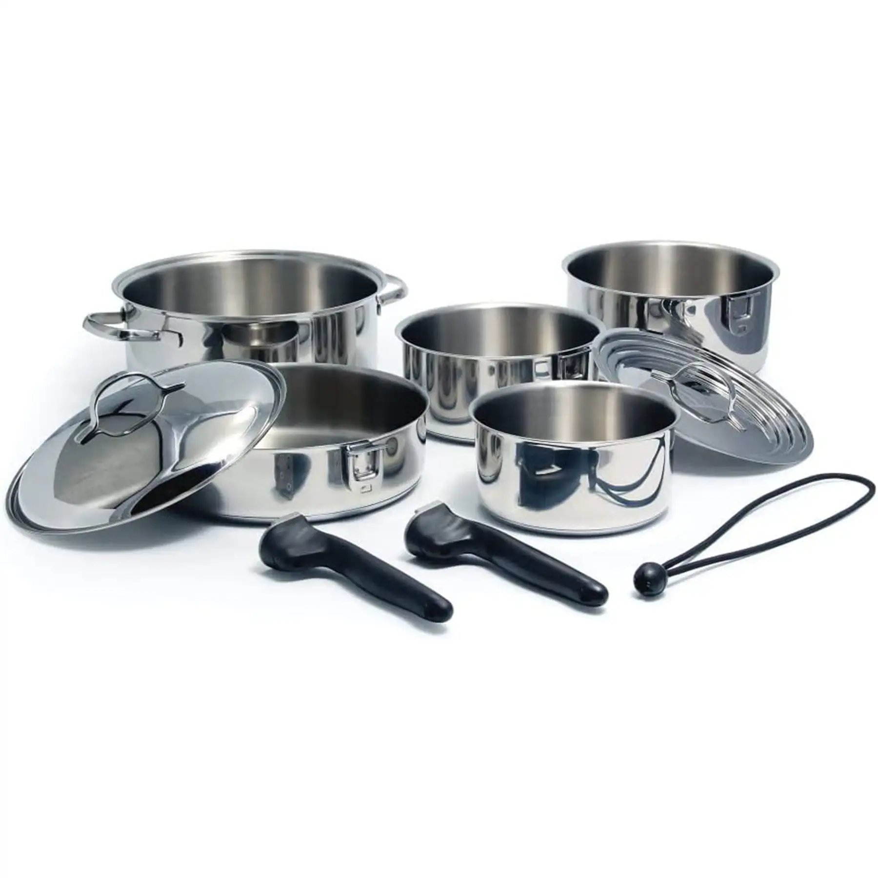 Camco 10 Piece Stainless Steel Cookware Nesting Pot Set w/Handle & Storage Strap