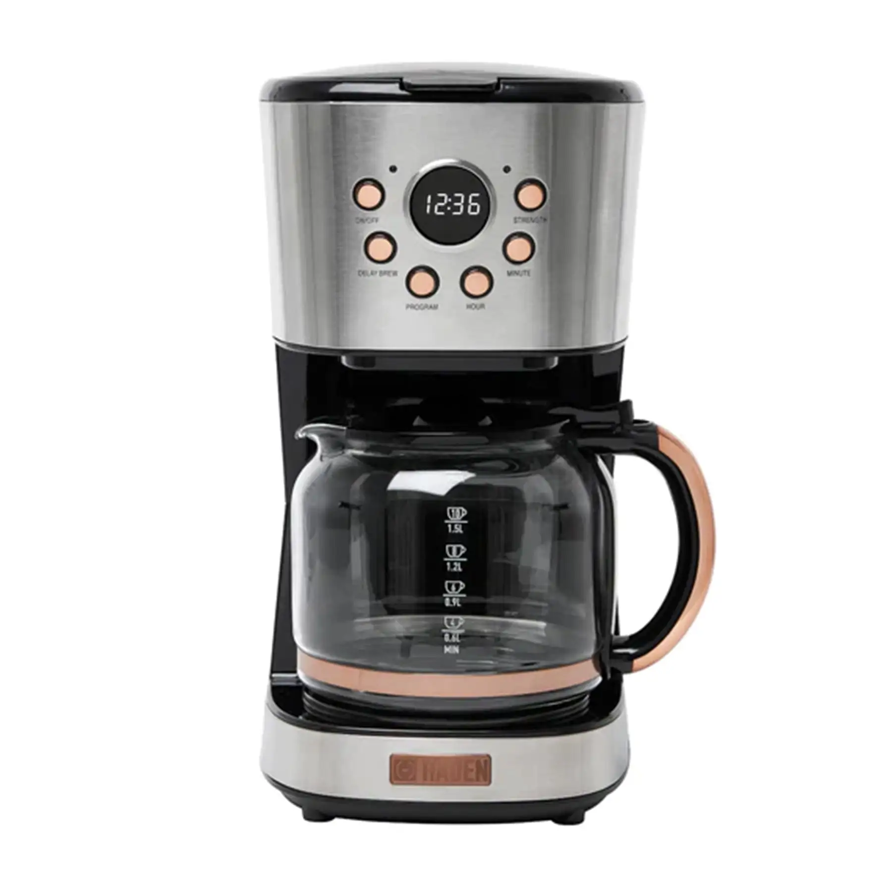 Haden Coffee Machine, 12 Cup Programmable Drip Coffee Maker, Steel & Copper